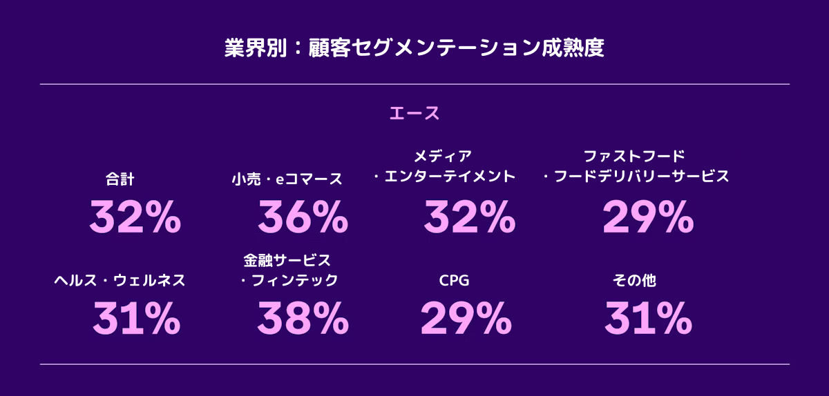 業界別の顧客セグメンテーション成熟度を示すグラフ。各業界の割合が記載されている。