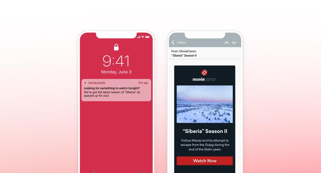 A smartphone displaying a notification about watching the series "Siberia" and an email from MovieCanon promoting the same series.
