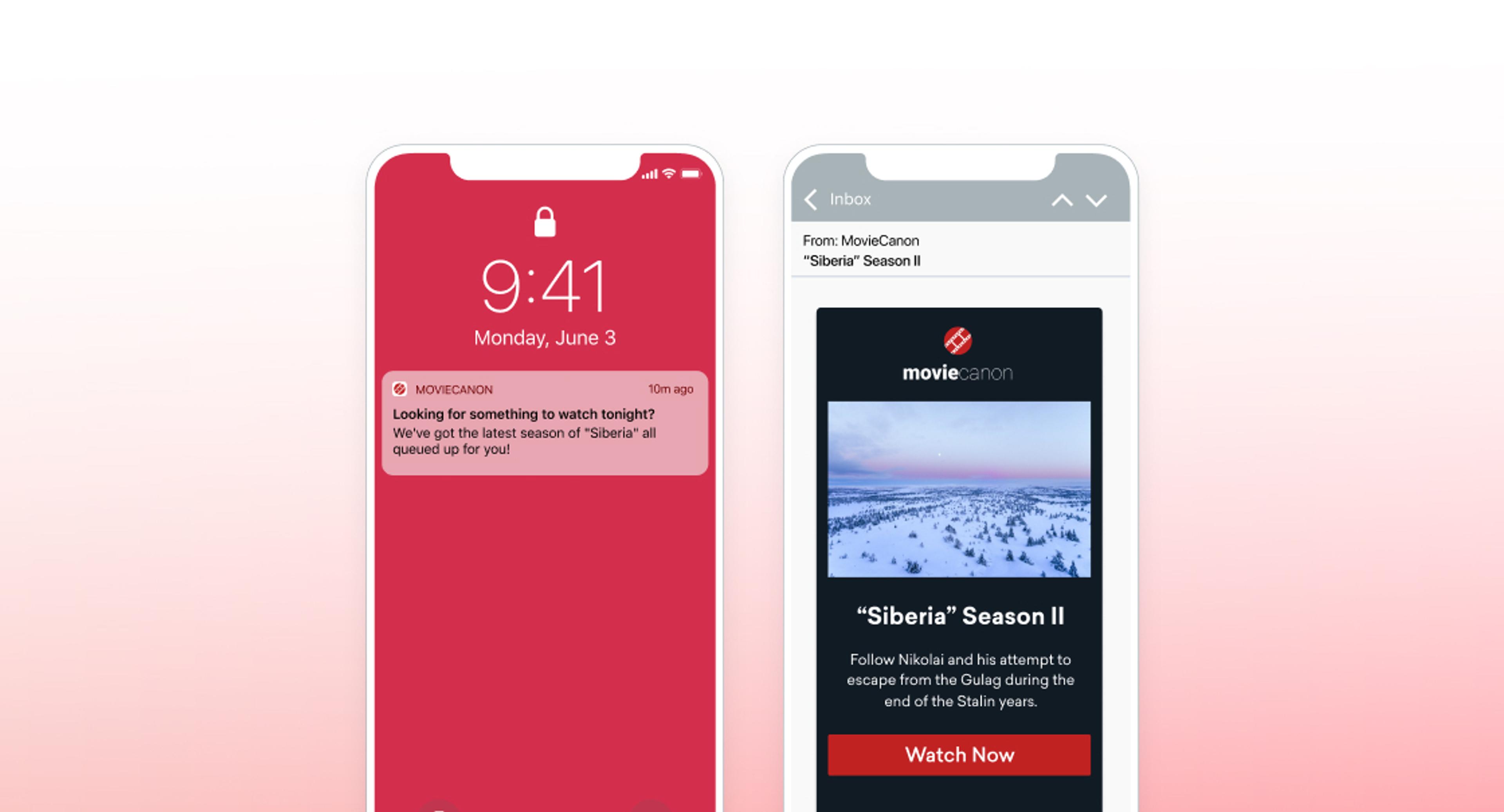 A smartphone displaying a notification about watching the series "Siberia" and an email from MovieCanon promoting the same series.