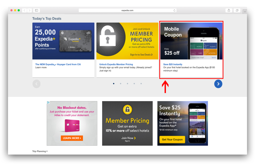 A webpage displaying top deals on Expedia, featuring a highlighted mobile coupon offering $25 off. Other promotions and membership information are also visible.