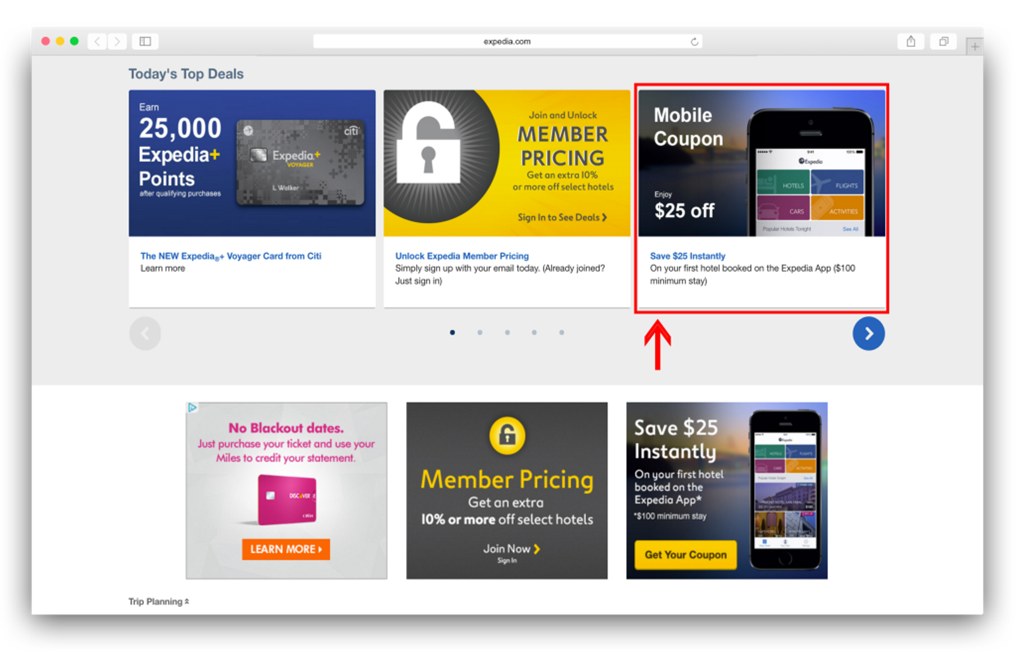 A webpage displaying top deals on Expedia, featuring a highlighted mobile coupon offering $25 off. Other promotions and membership information are also visible.