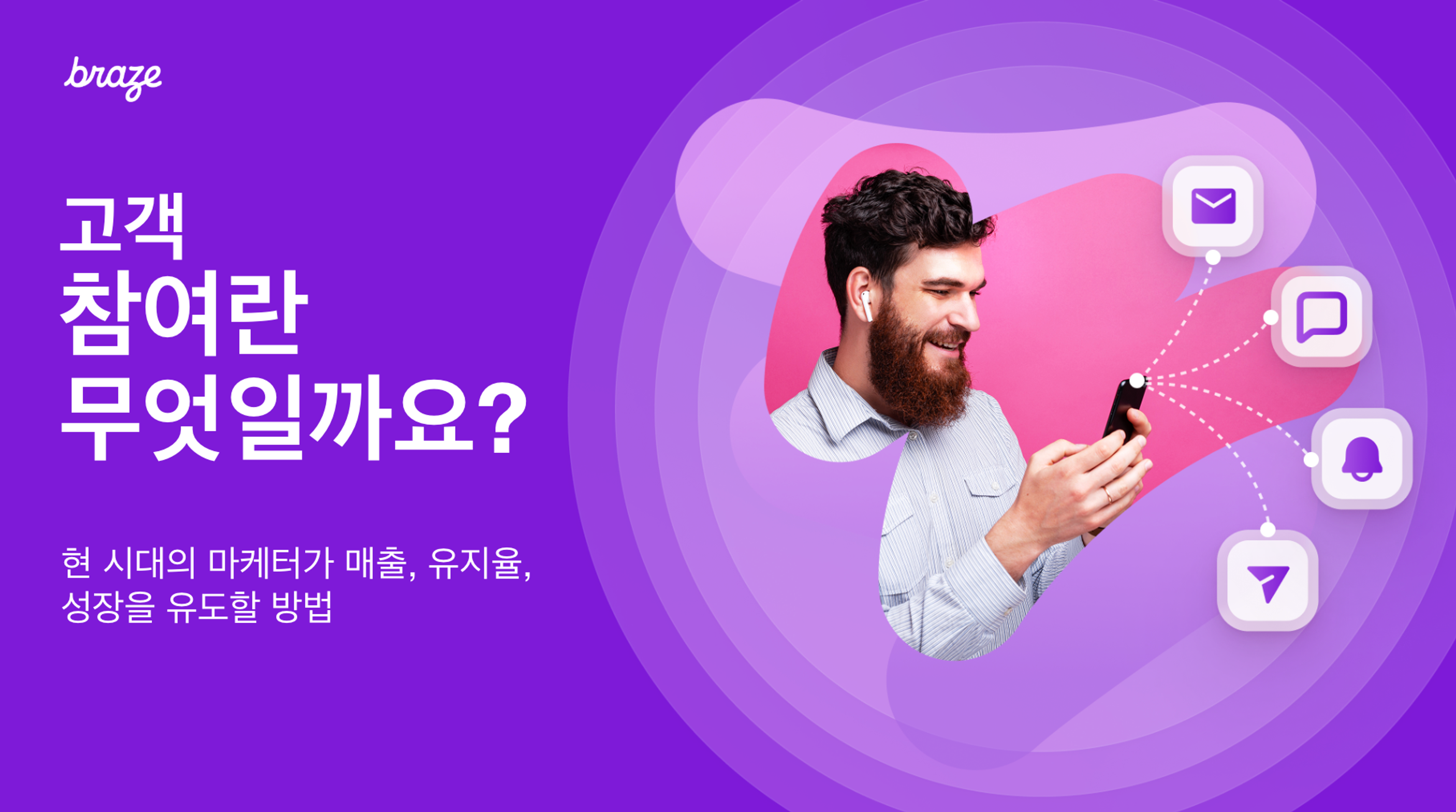A man uses a smartphone, from which communication icons (email, chat, notification) radiate, illustrating multi-channel customer engagement. The Braze logo and Korean text about customer engagement are also visible.