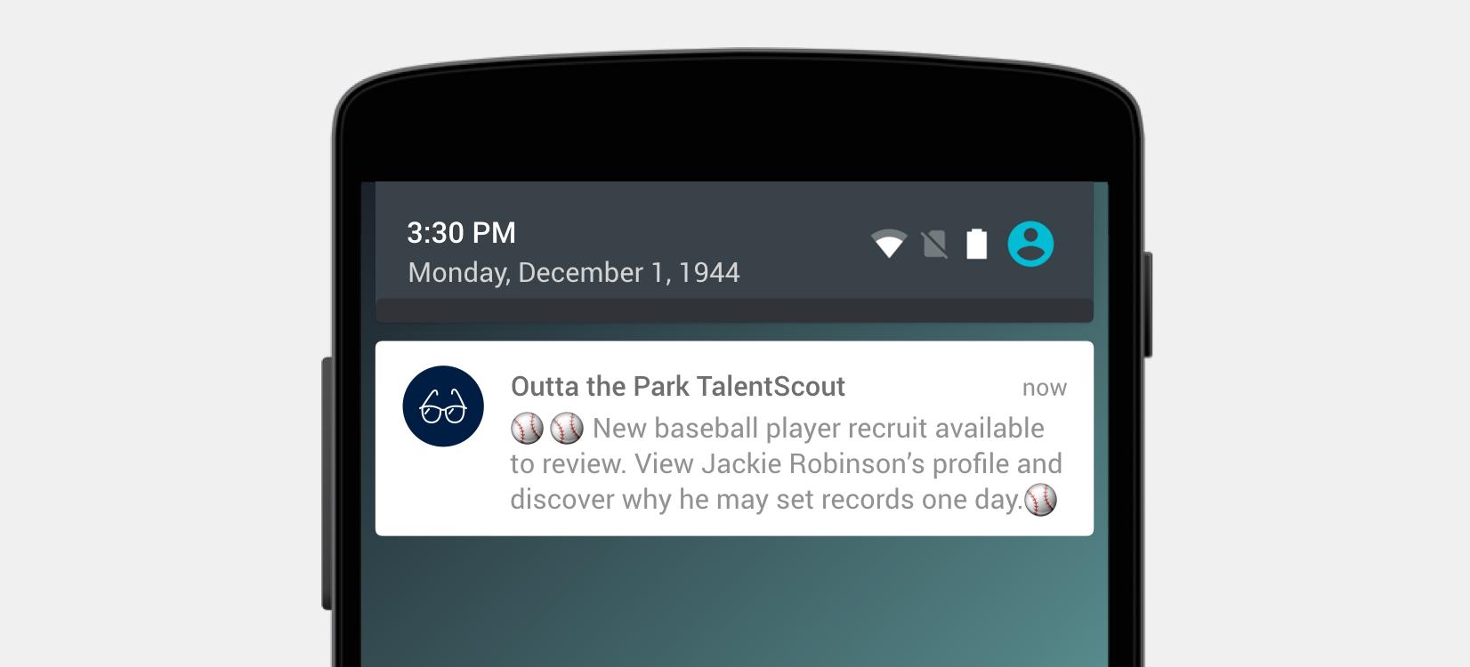 A smartphone screen displaying a notification for a baseball player recruit review, dated December 1, 1944. The notification mentions Jackie Robinson and hints at his potential to set records.