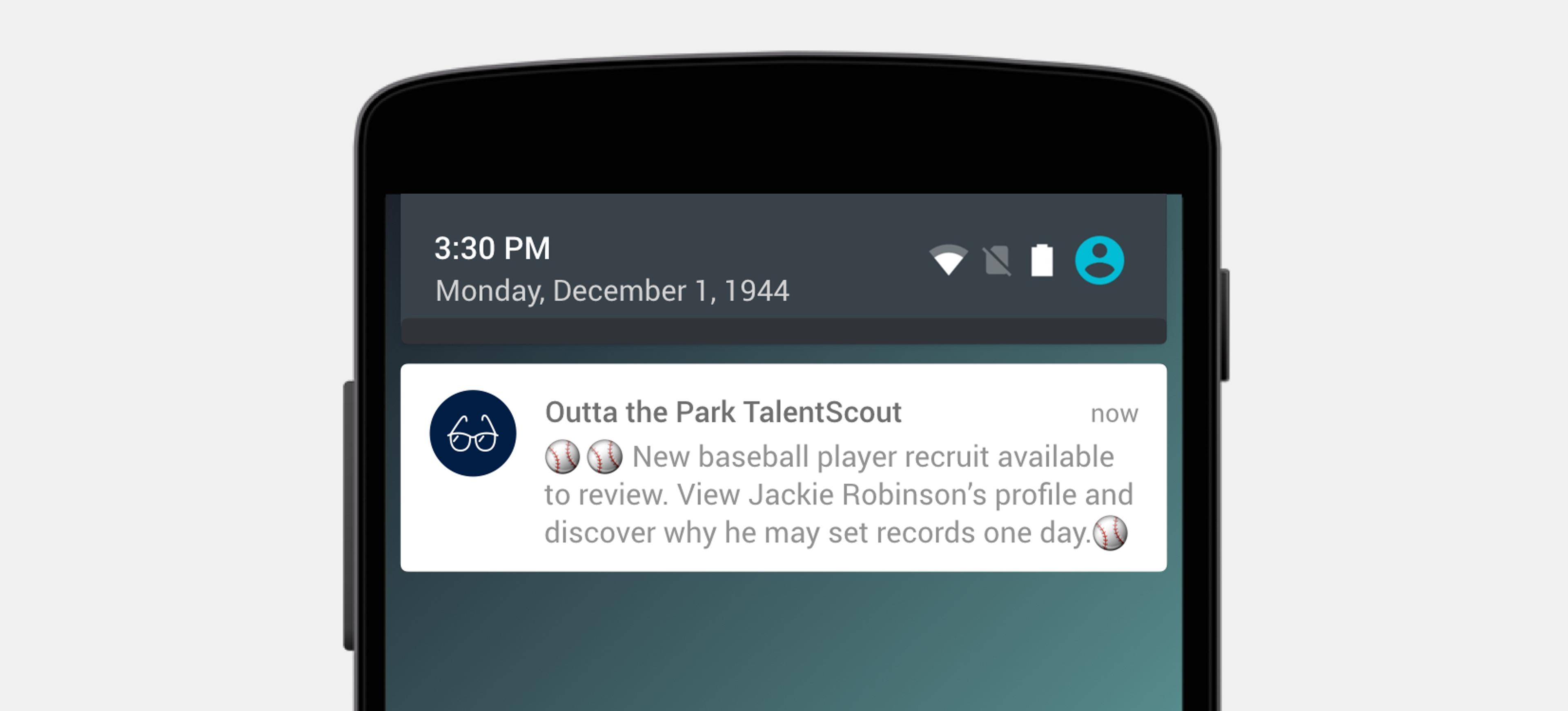 A smartphone screen displaying a notification for a baseball player recruit review, dated December 1, 1944. The notification mentions Jackie Robinson and hints at his potential to set records.