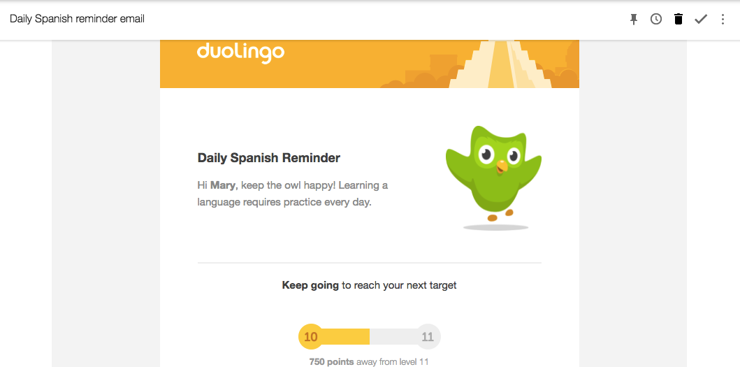 An email reminder from Duolingo about daily Spanish practice, featuring a green owl mascot and progress towards a target goal.