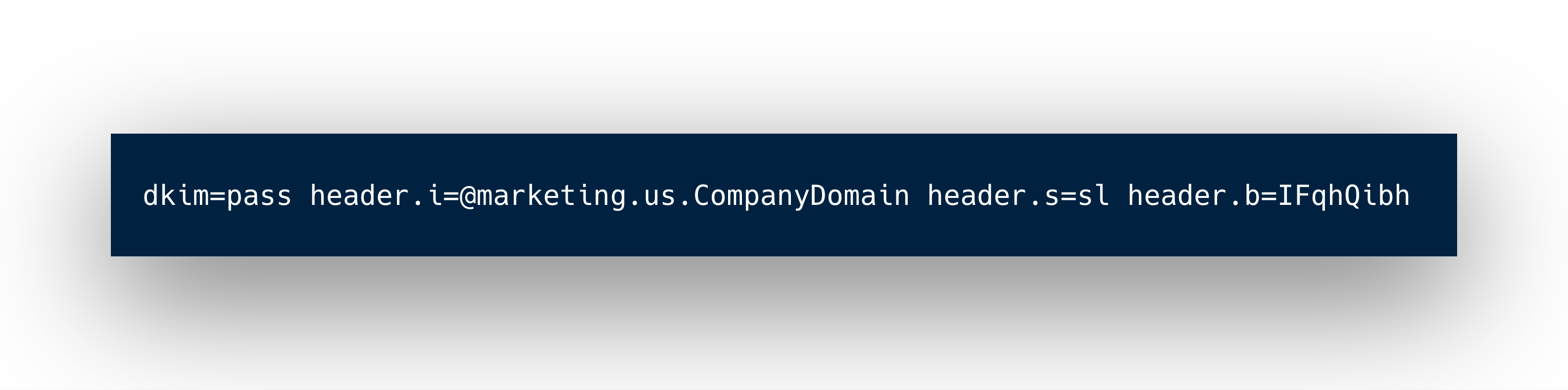 A string of text displaying a code or token, possibly related to authentication or access. The text includes parameters such as "dkim=pass" and "header_i=@marketing.us.CompanyDomain.