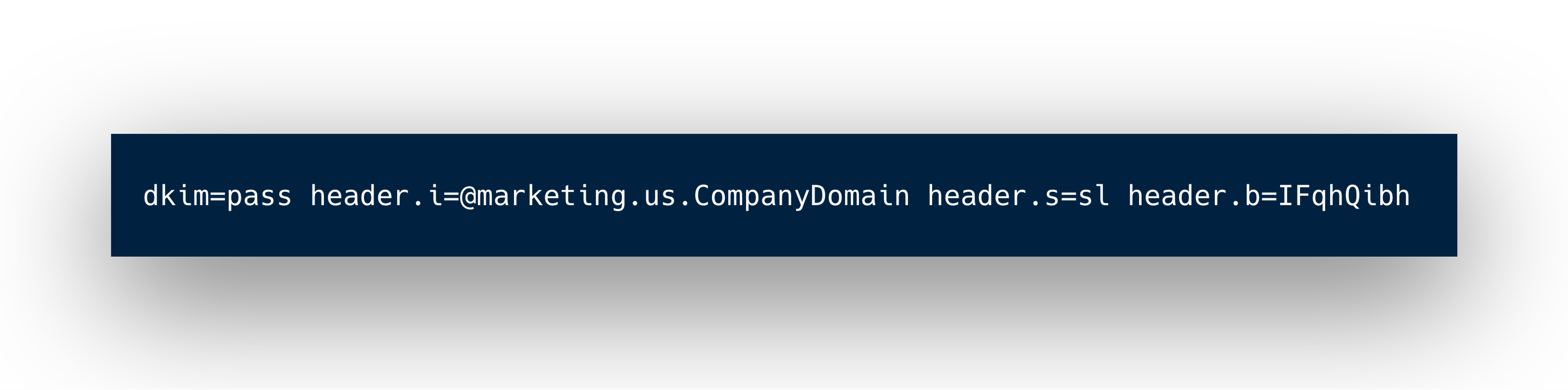 A string of text displaying a code or token, possibly related to authentication or access. The text includes parameters such as "dkim=pass" and "header_i=@marketing.us.CompanyDomain.