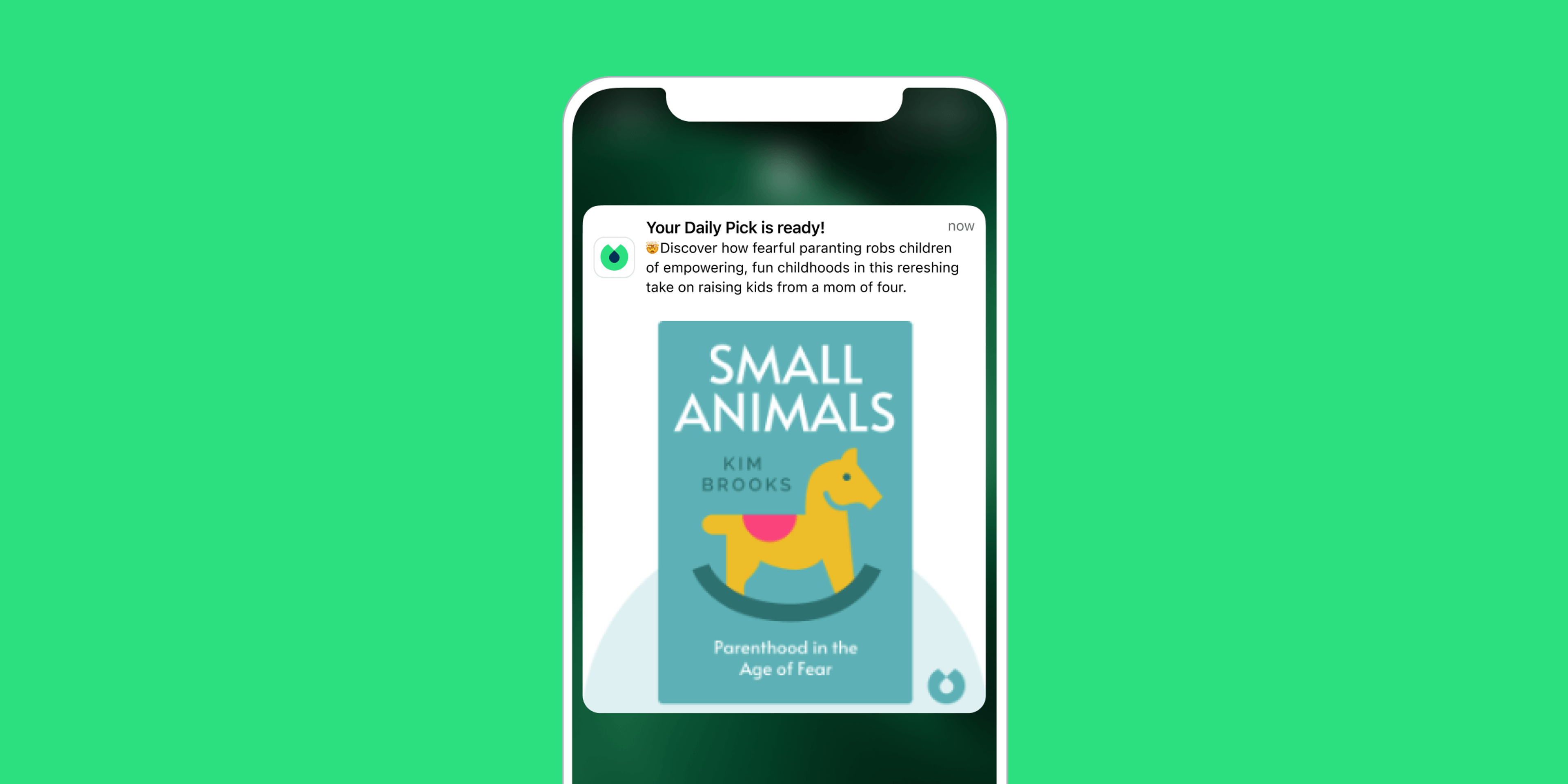 A smartphone screen displaying a notification about a daily pick, featuring the book cover of "Small Animals" by Kim Brooks. The cover shows a playful illustration of a dog on a light blue background.