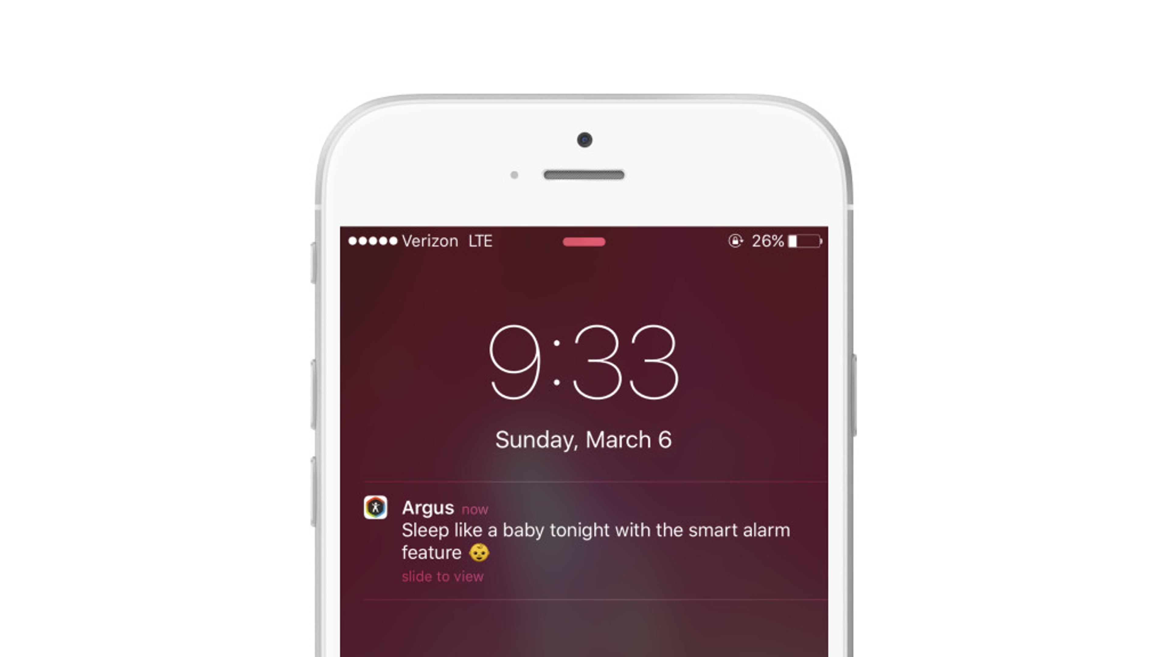 A smartphone displaying a notification from the Argus app about a smart alarm feature, with the time showing 9:33 on Sunday, March 6.