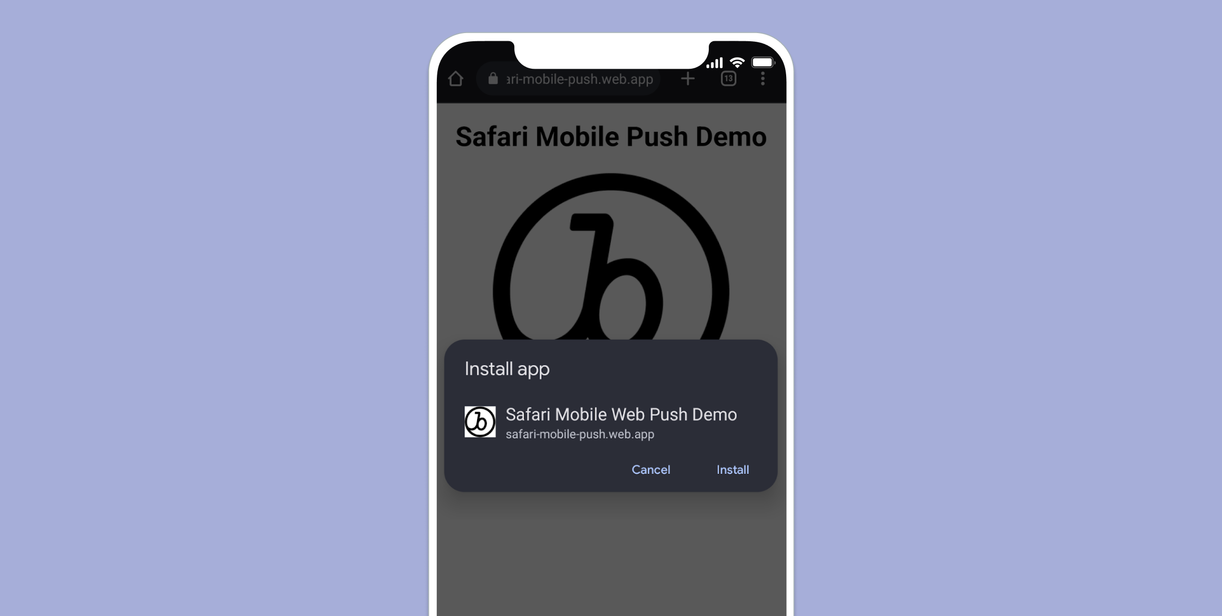 a phone screen shows a safari mobile push demo