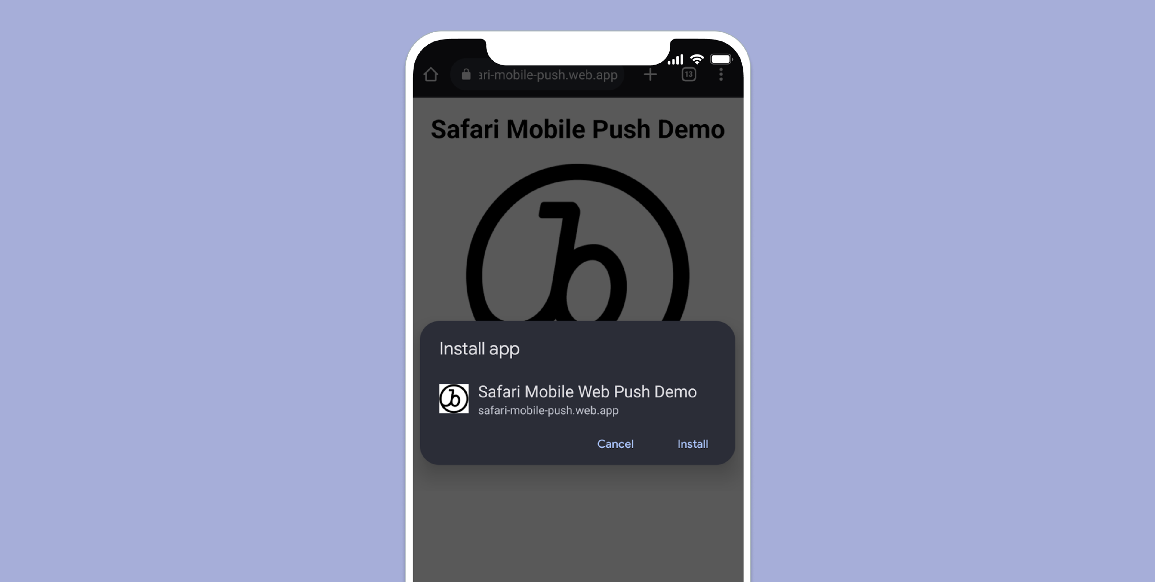 a phone screen shows a safari mobile push demo
