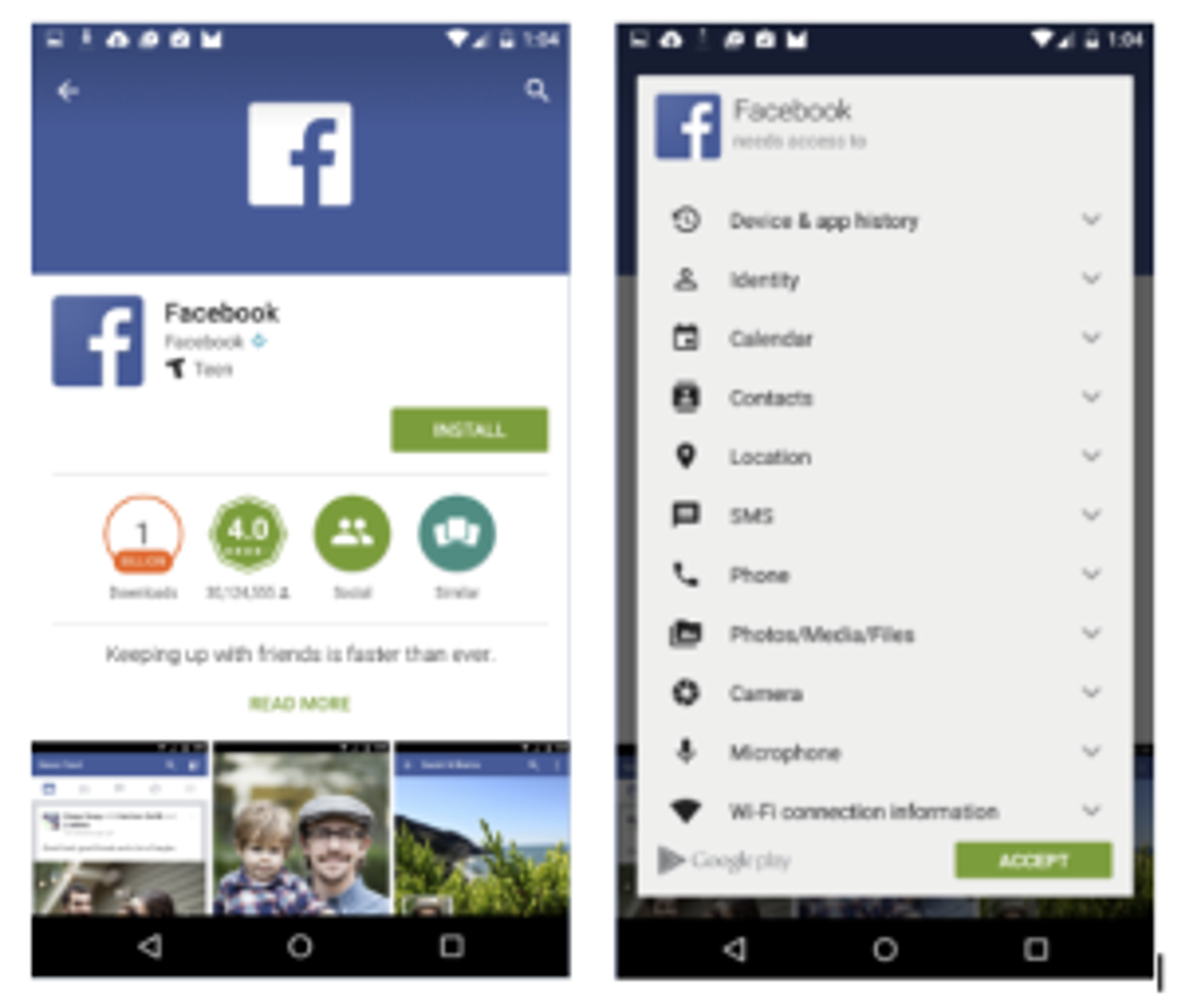 A smartphone screen displaying the Facebook app page with an "Install" button and a permissions request menu. The left side shows app details, while the right side lists permissions needed for the app.