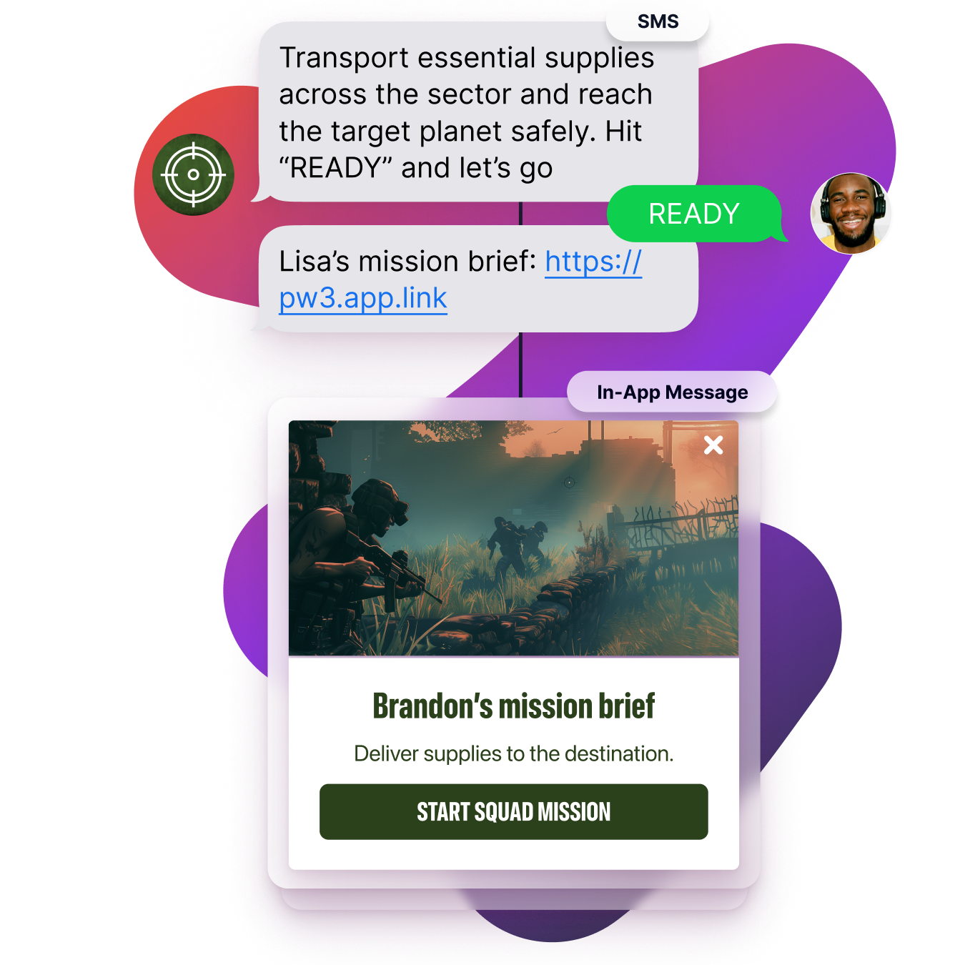 Illustration of a mobile SMS and in-app message showing a gamified mission brief about delivering supplies, with a background image of soldiers in a battlefield.
