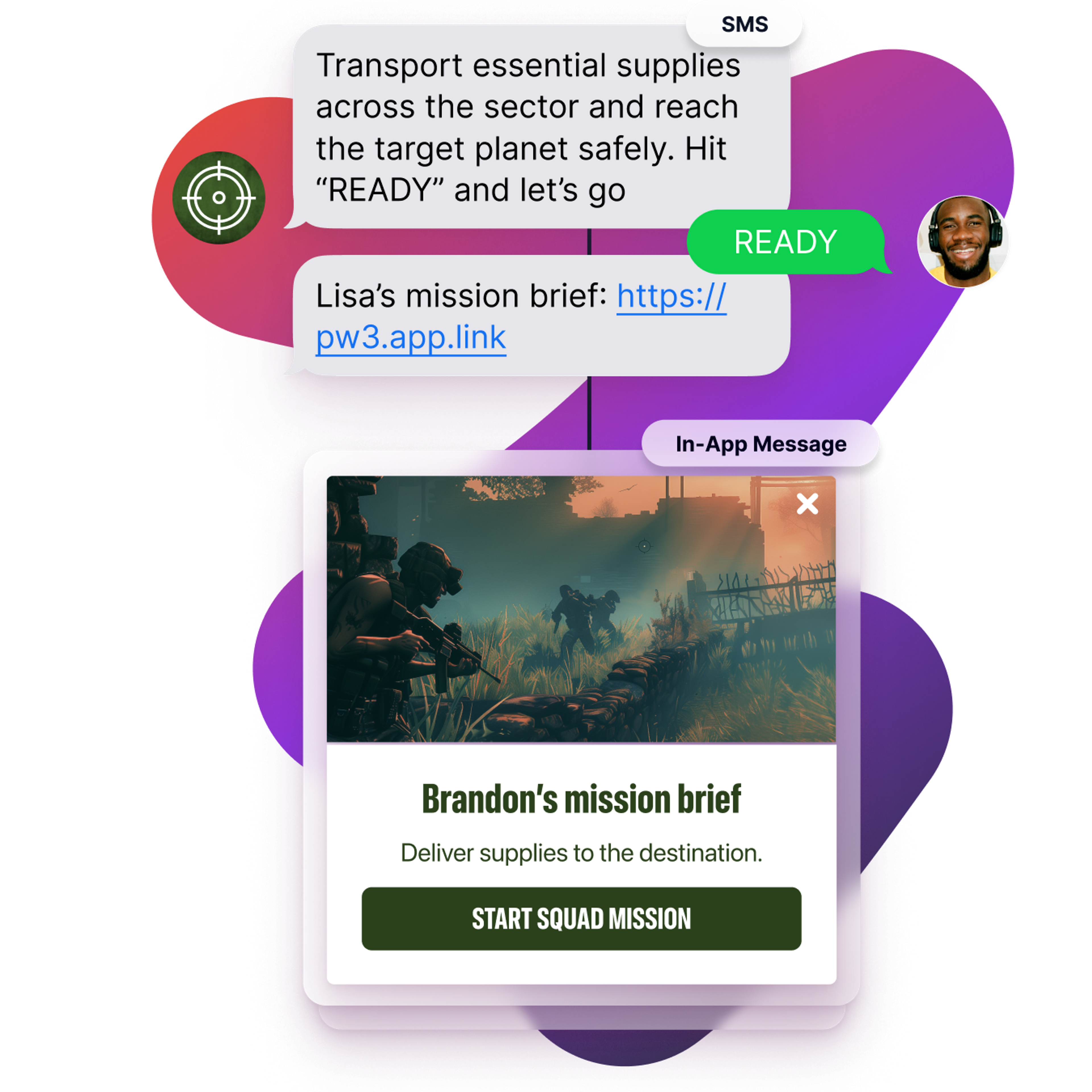 Illustration of a mobile SMS and in-app message showing a gamified mission brief about delivering supplies, with a background image of soldiers in a battlefield.