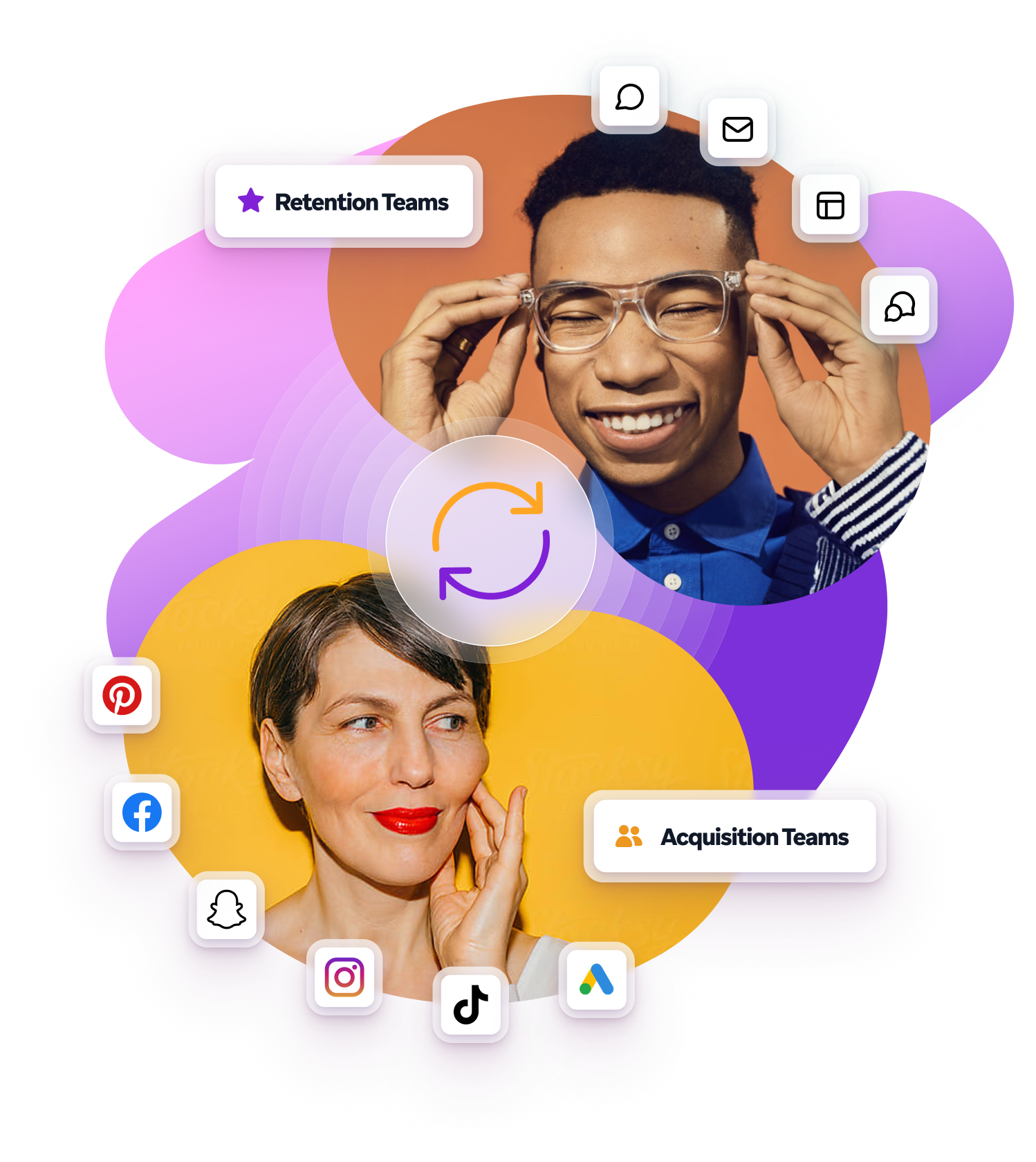 Colorful collage showing two people labeled as Retention Teams and Acquisition Teams, surrounded by social media and communication icons to represent connected marketing teams.