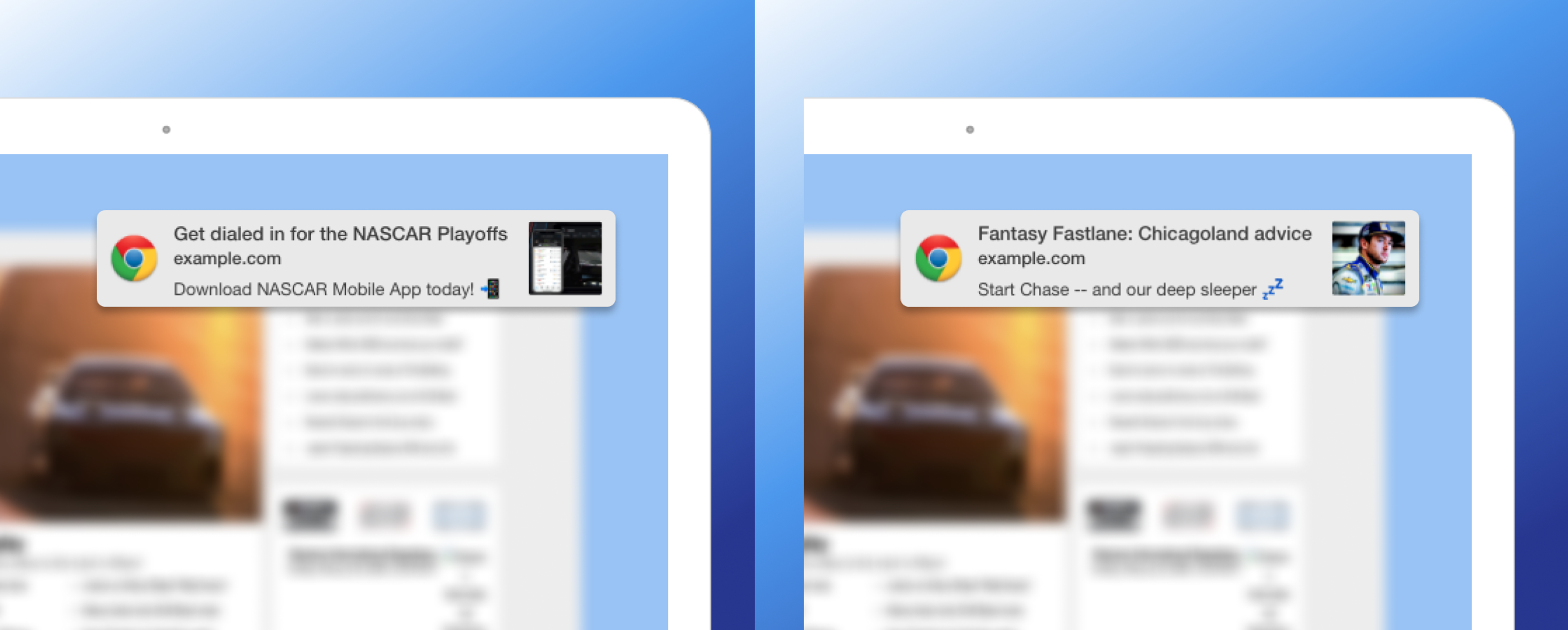 Two notifications on a computer screen promoting NASCAR Playoffs and Fantasy Fastlane advice for Chicagoland. Each notification includes a call to action and a website link.