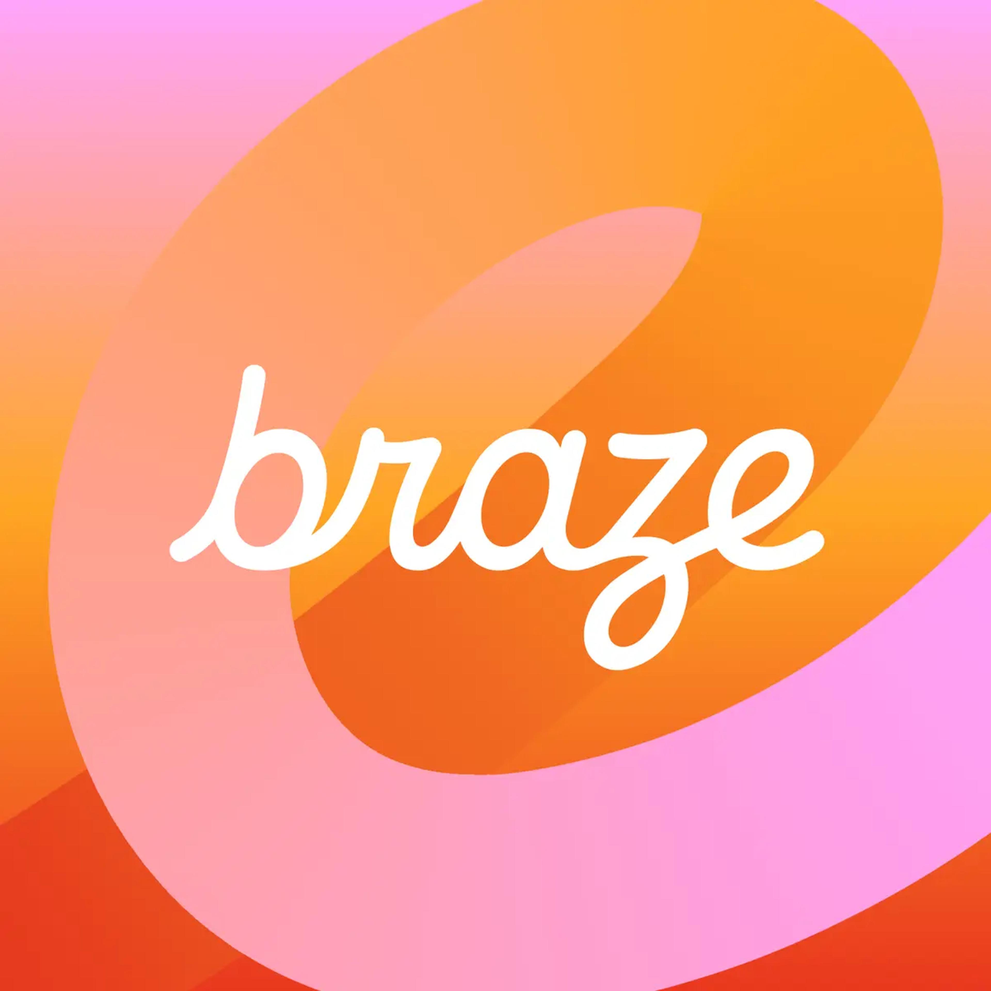 the word braze is written in white on a pink and orange background .