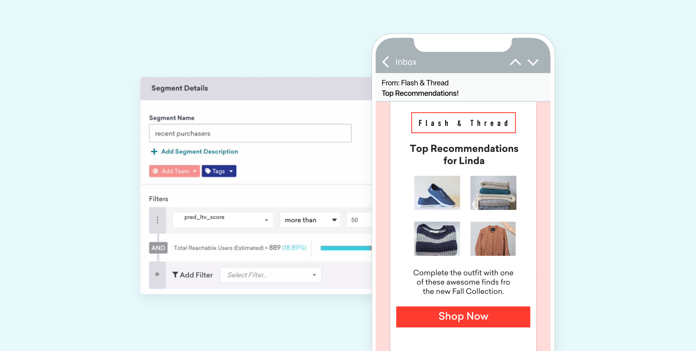 A split-screen image showing a user interface for segment details on the left and a mobile email with clothing recommendations on the right. The email highlights top recommendations for a user named Linda.