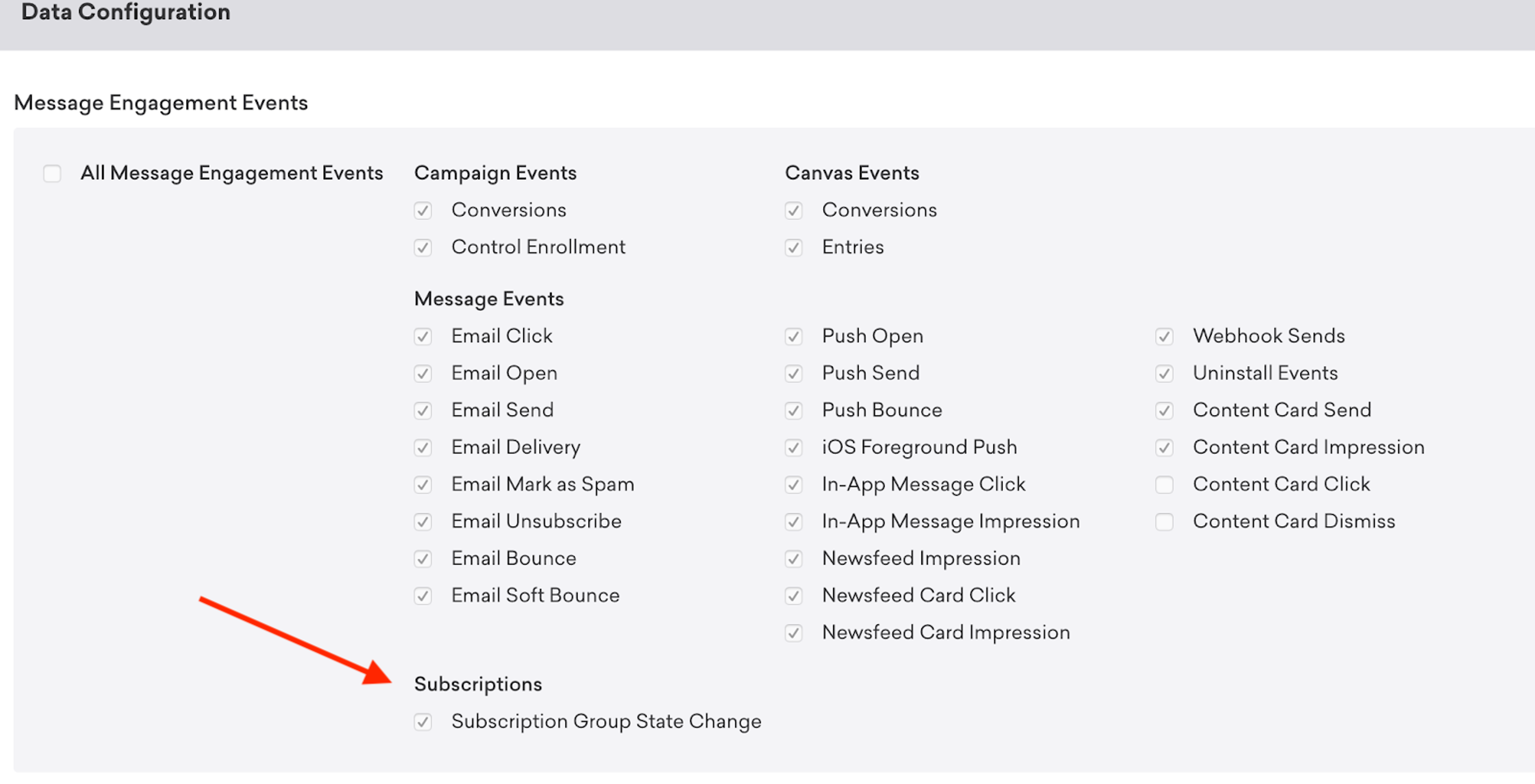 A screenshot of a data configuration interface showing various message engagement events and options, with a red arrow pointing to the "Subscriptions" section.