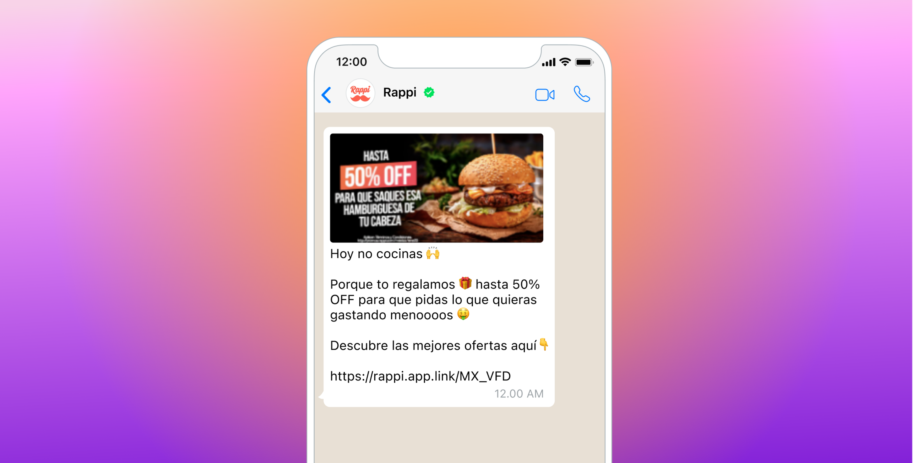 A smartphone displays a WhatsApp message from Rappi promoting up to 50% off food orders, illustrated with a hamburger.