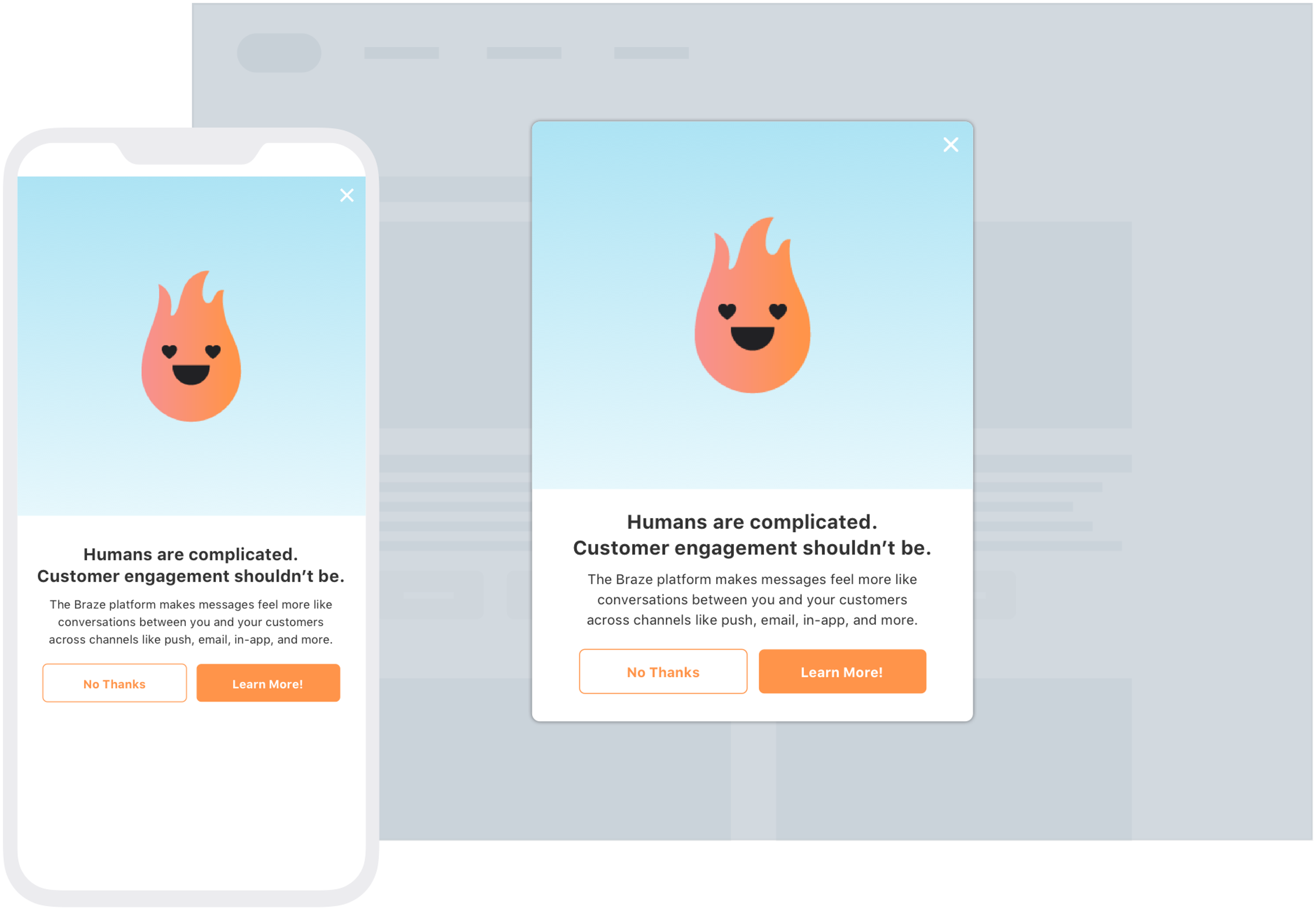 A mobile screen displays a message about customer engagement, featuring a flame icon and options to decline or learn more. The background is light blue with a simple layout.