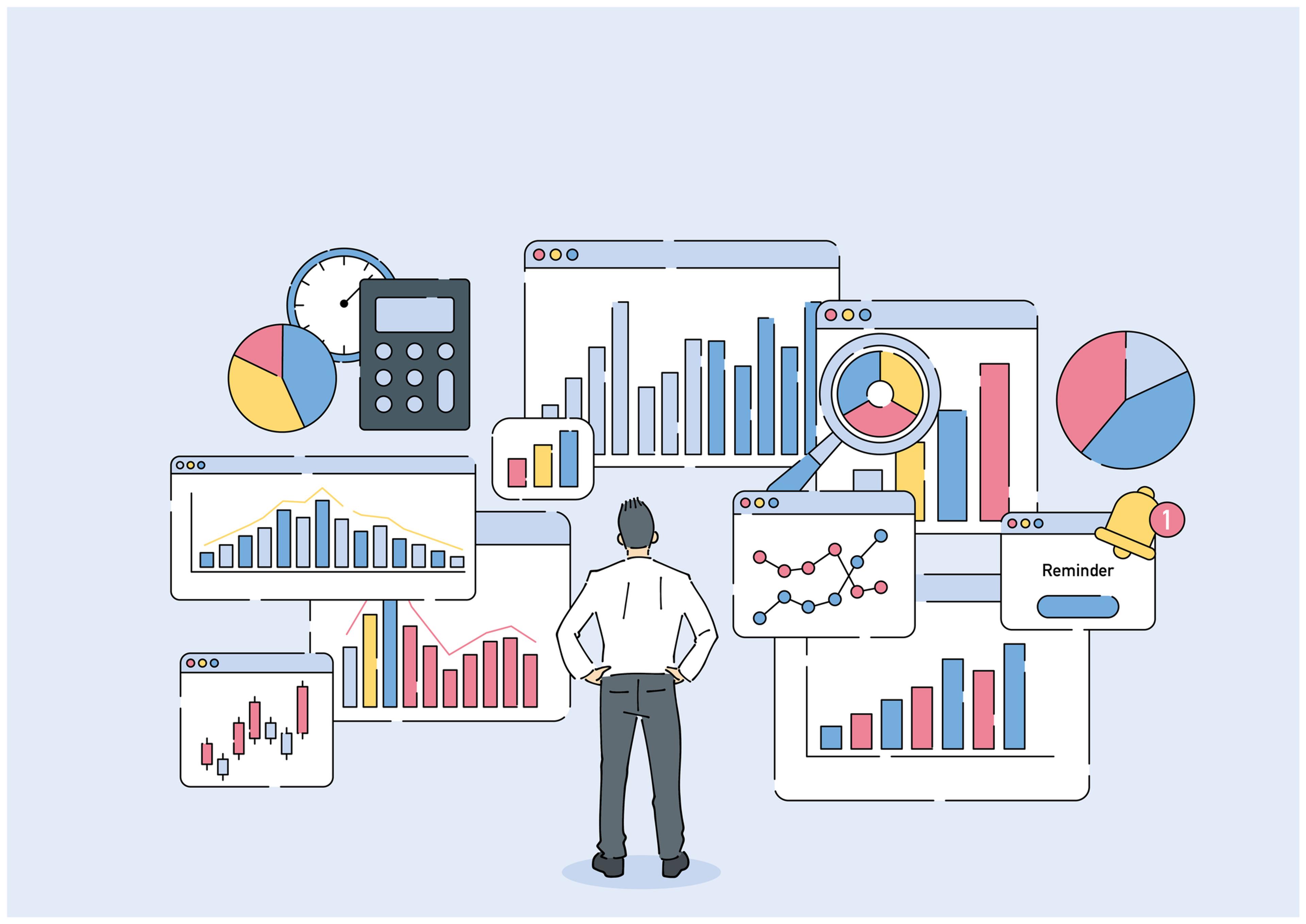a man is looking at a bunch of graphs and charts on a computer screen .