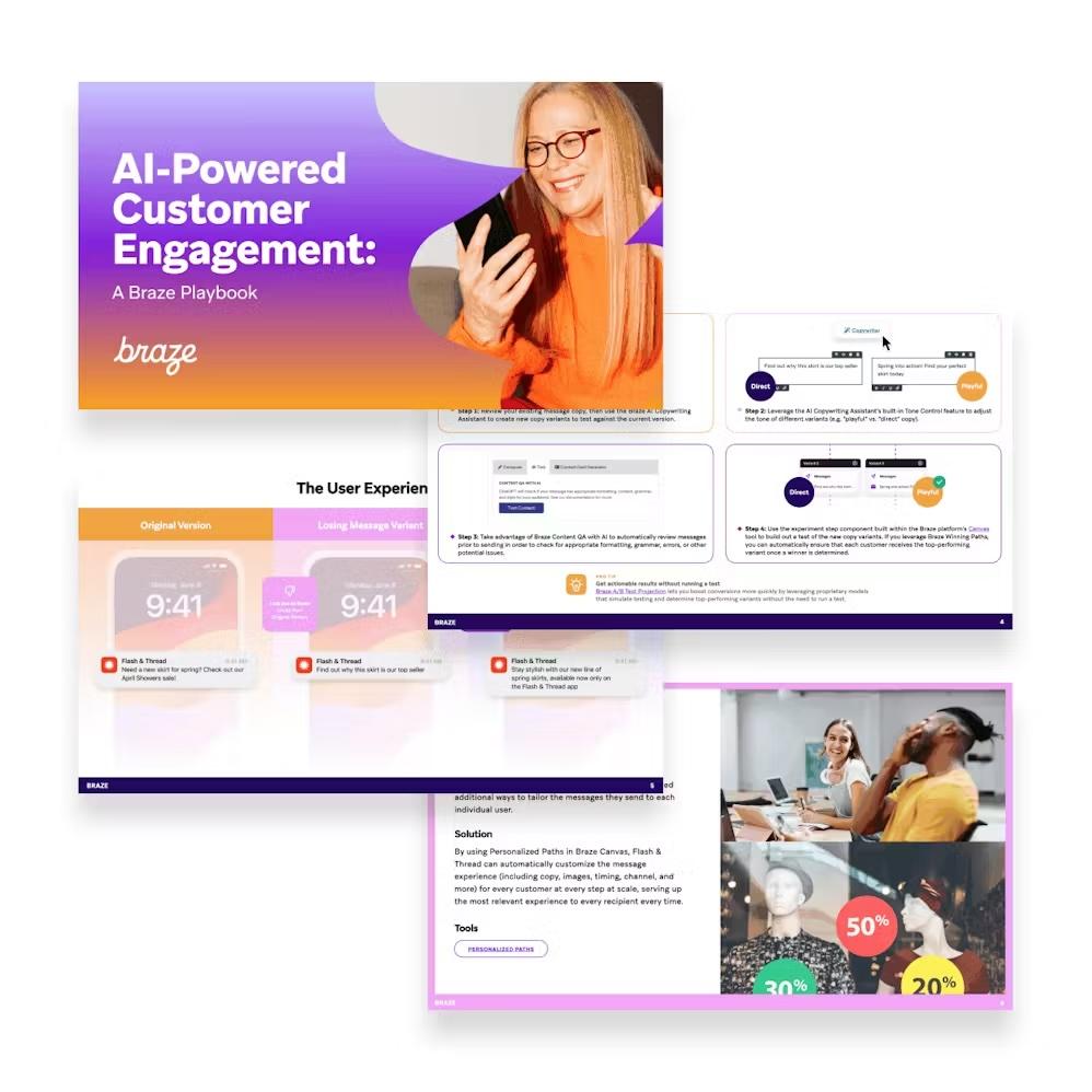 Braze 'AI-Powered Customer Engagement' playbook slides, featuring a title page, mobile notification examples, and process diagrams.