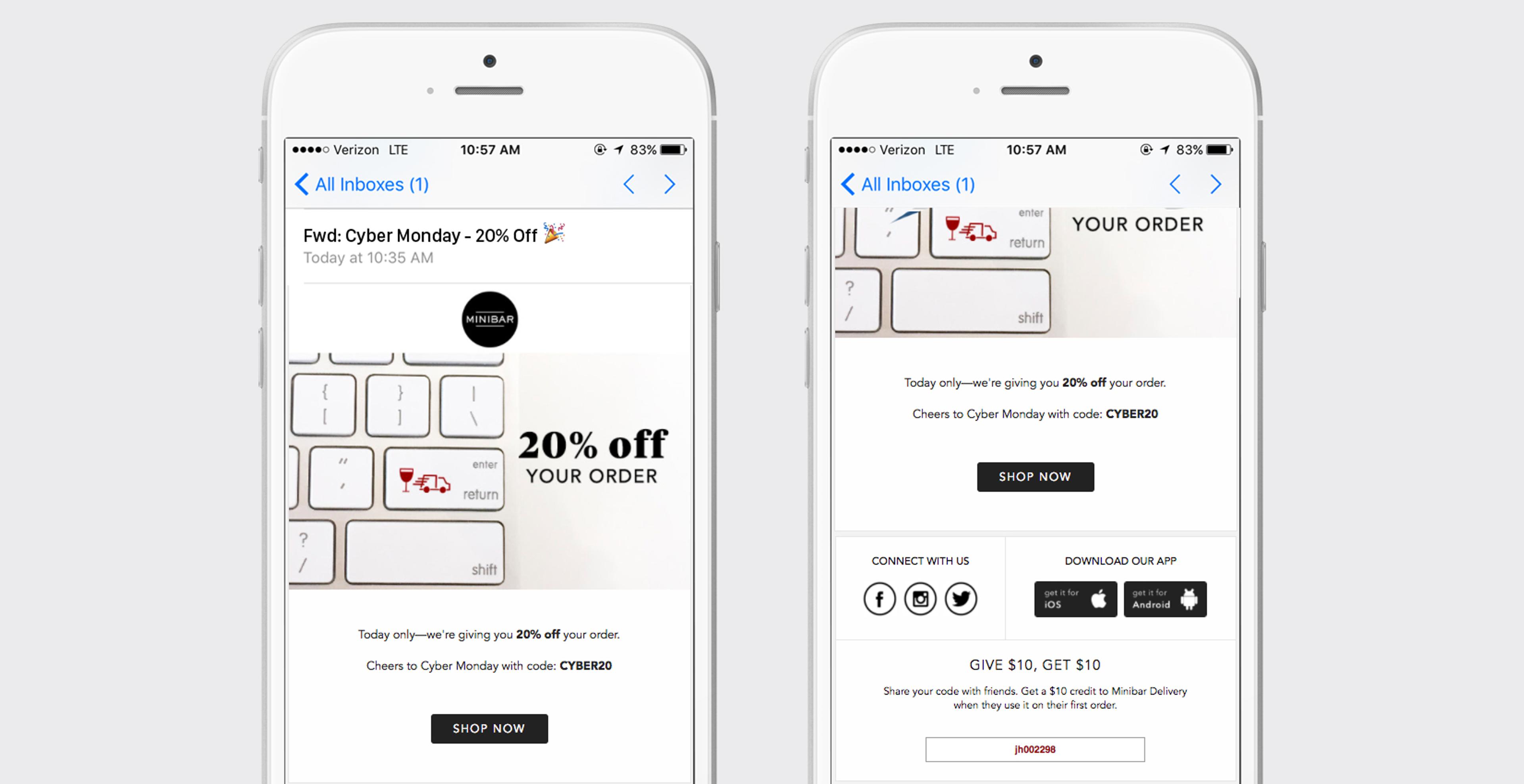 Two smartphone screens displaying an email promotion for Cyber Monday, featuring a 20% discount offer and a call to action to shop now.