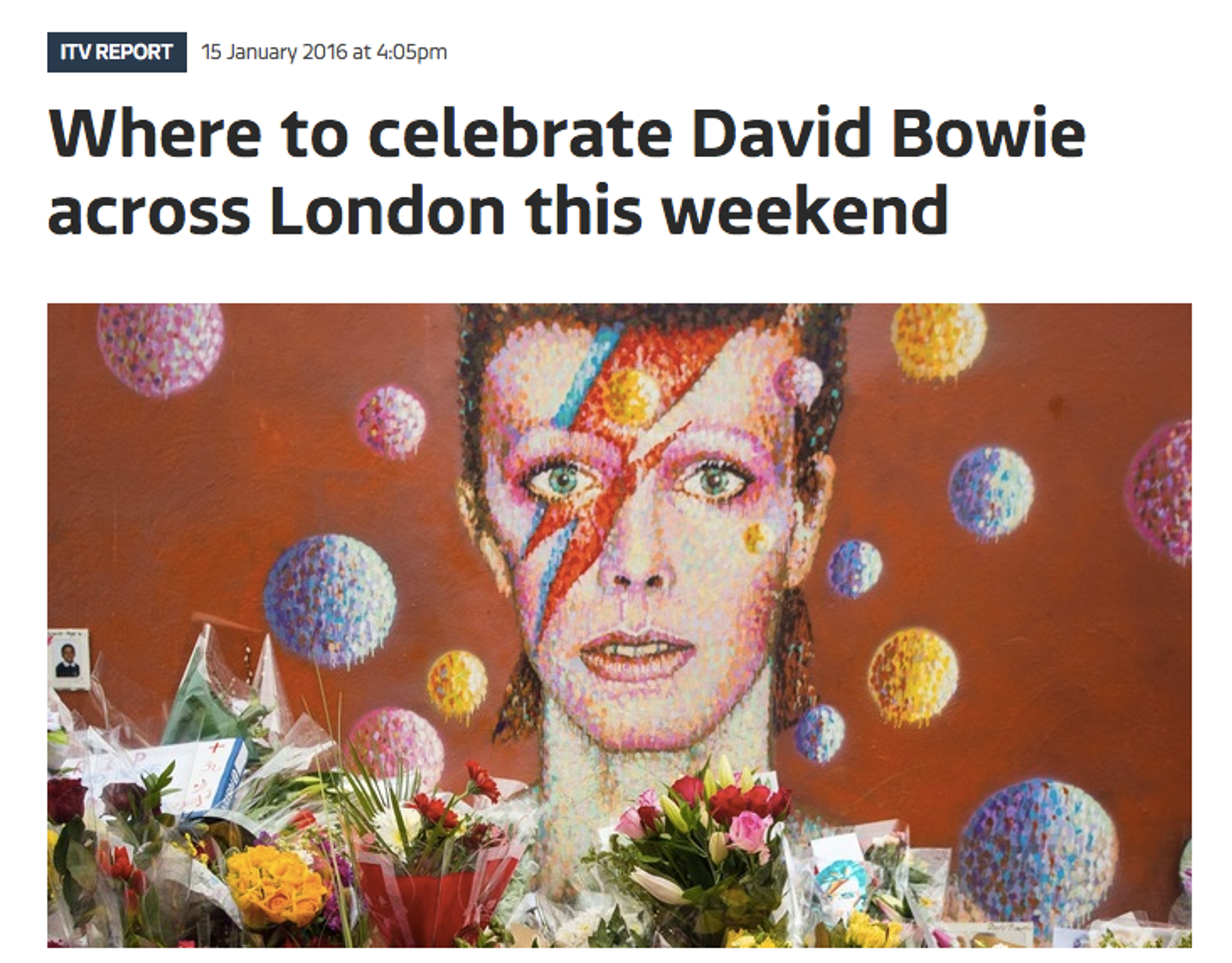A colorful mural of David Bowie with flowers in front, commemorating his legacy. The text above mentions events in London to celebrate him.