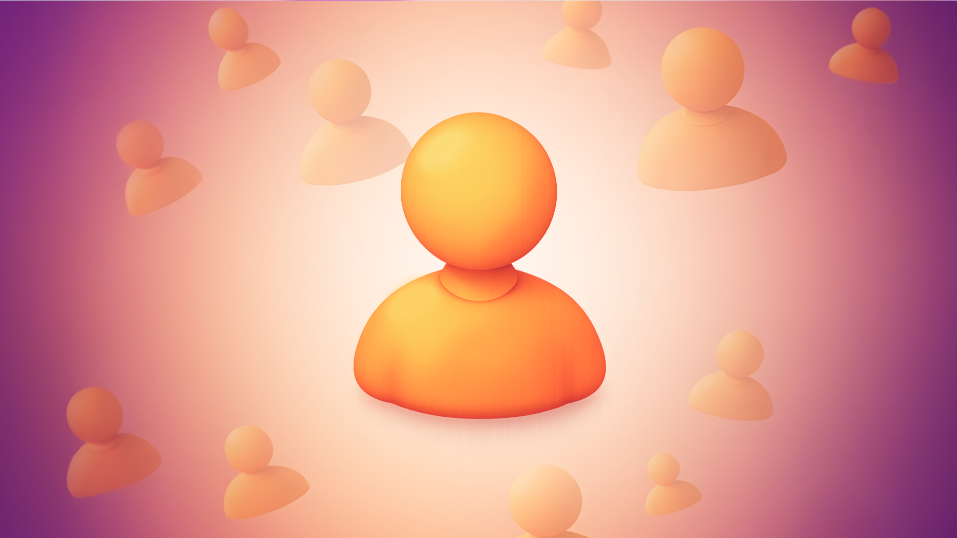 A prominent orange user icon in the center, surrounded by many smaller, faded orange user icons on a purple and orange gradient background.