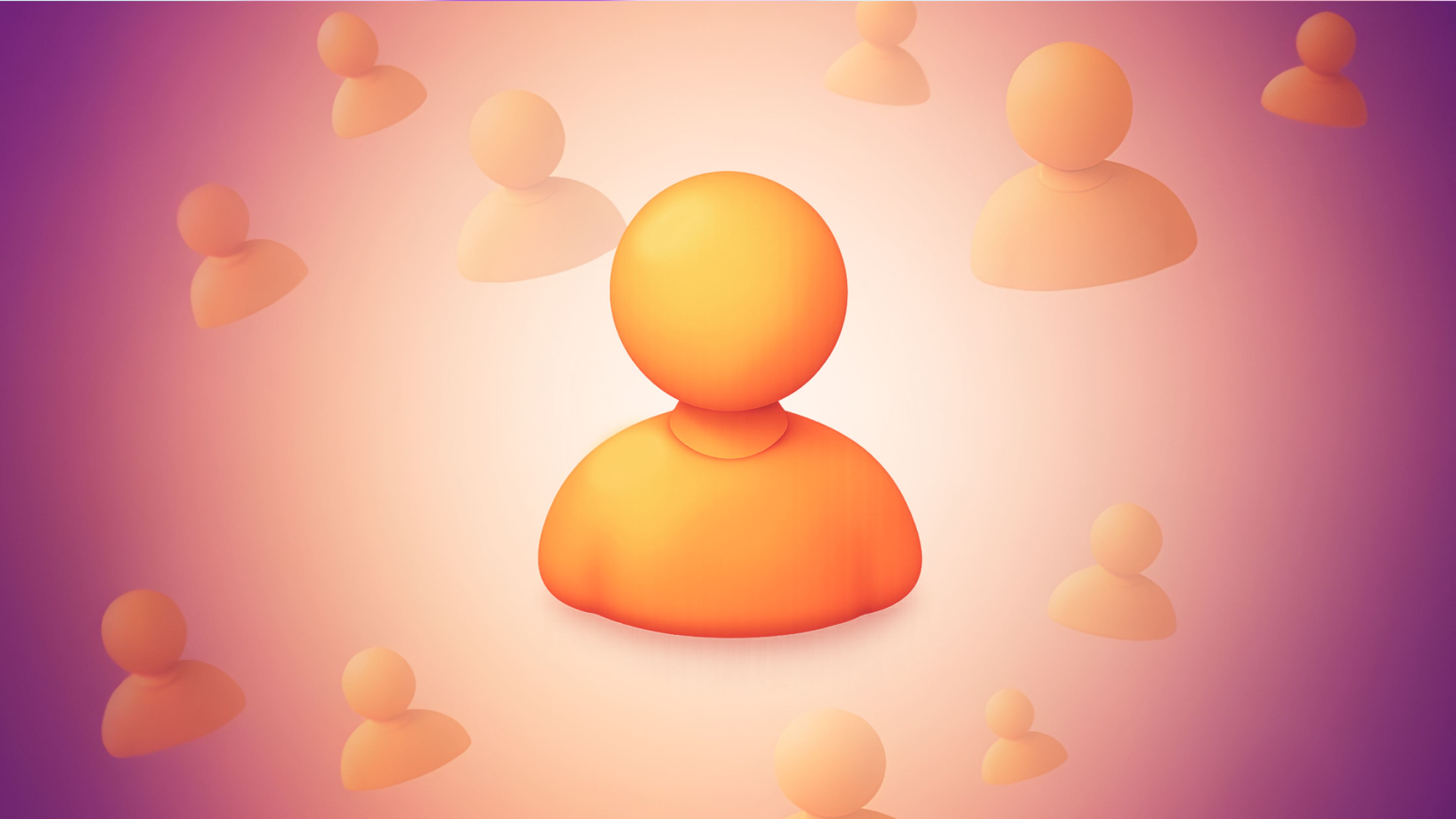 A prominent orange user icon in the center, surrounded by many smaller, faded orange user icons on a purple and orange gradient background.