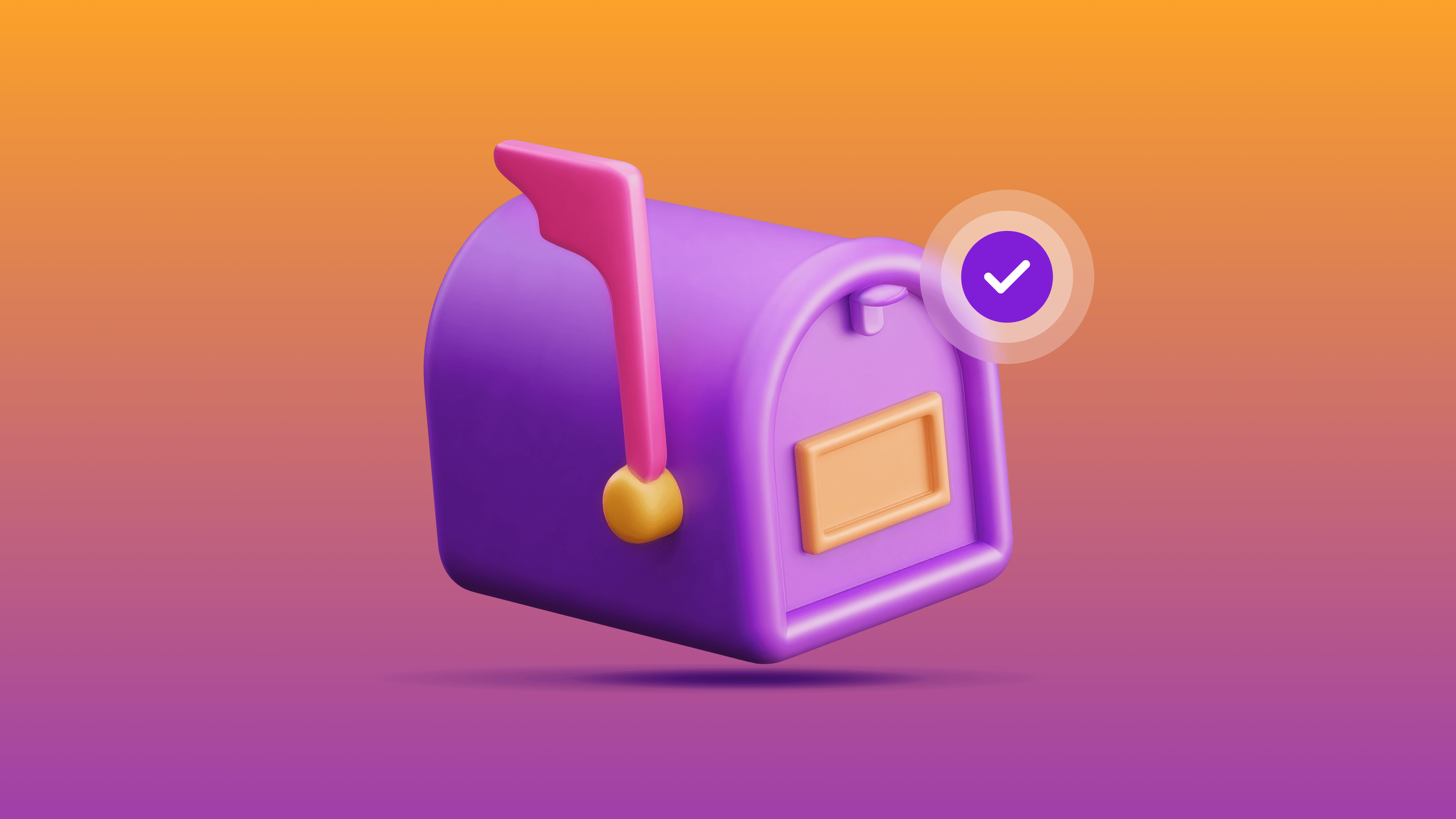 Purple mailbox with a raised pink flag and a checkmark icon, set against an orange-to-purple gradient background.
