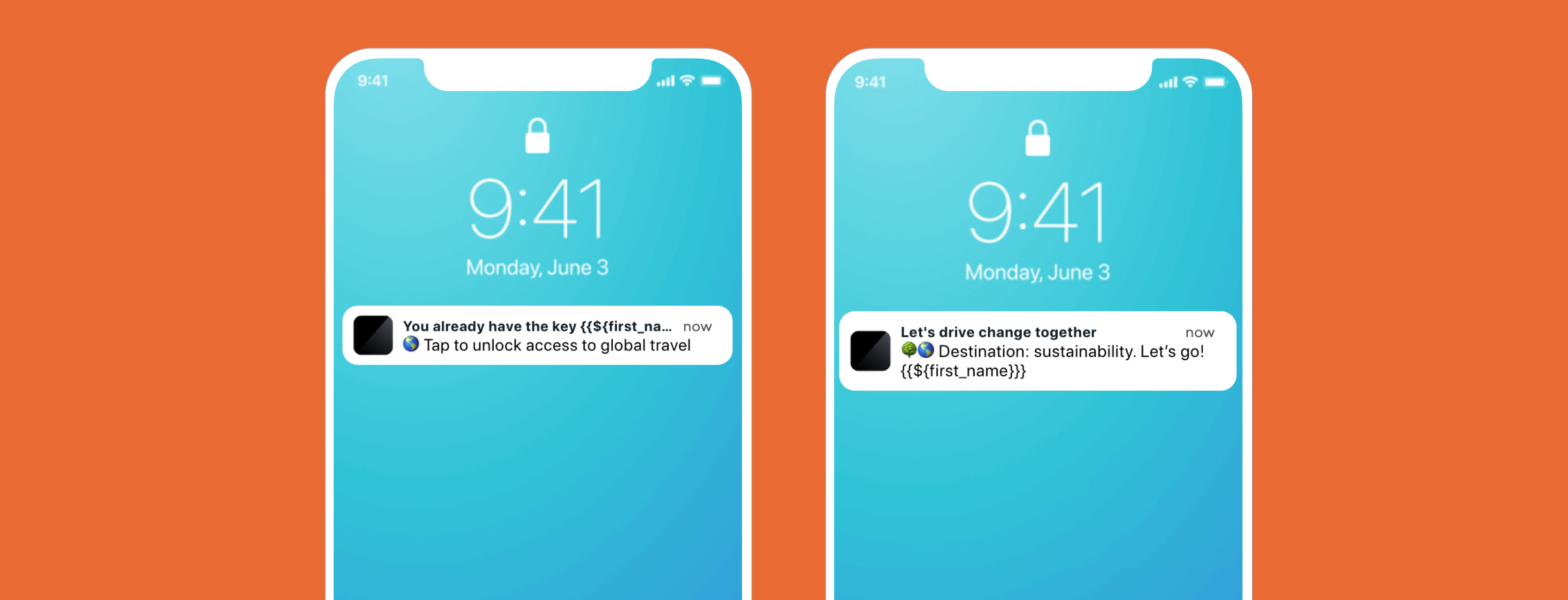 Two smartphone screens displaying notifications. The left screen shows a message about unlocking access to global travel, while the right screen encourages driving change together with a focus on sustainability.