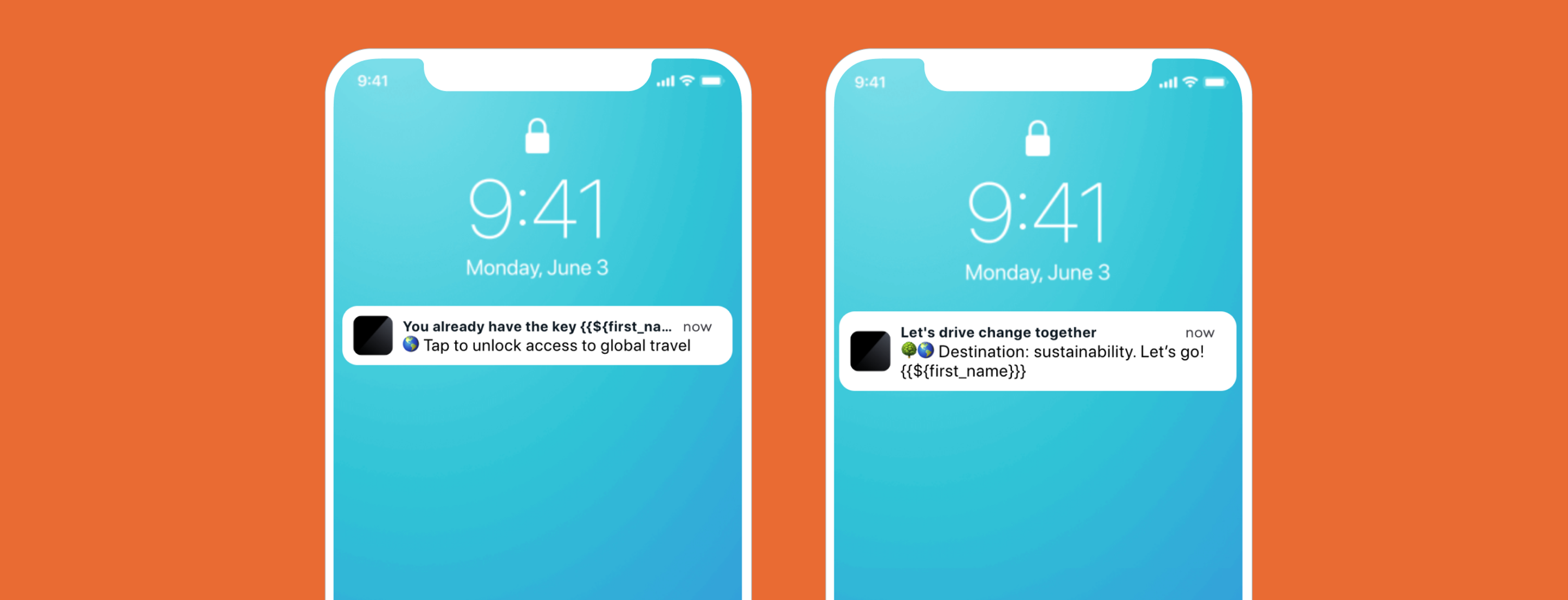Two smartphone screens displaying notifications. The left screen shows a message about unlocking access to global travel, while the right screen encourages driving change together with a focus on sustainability.