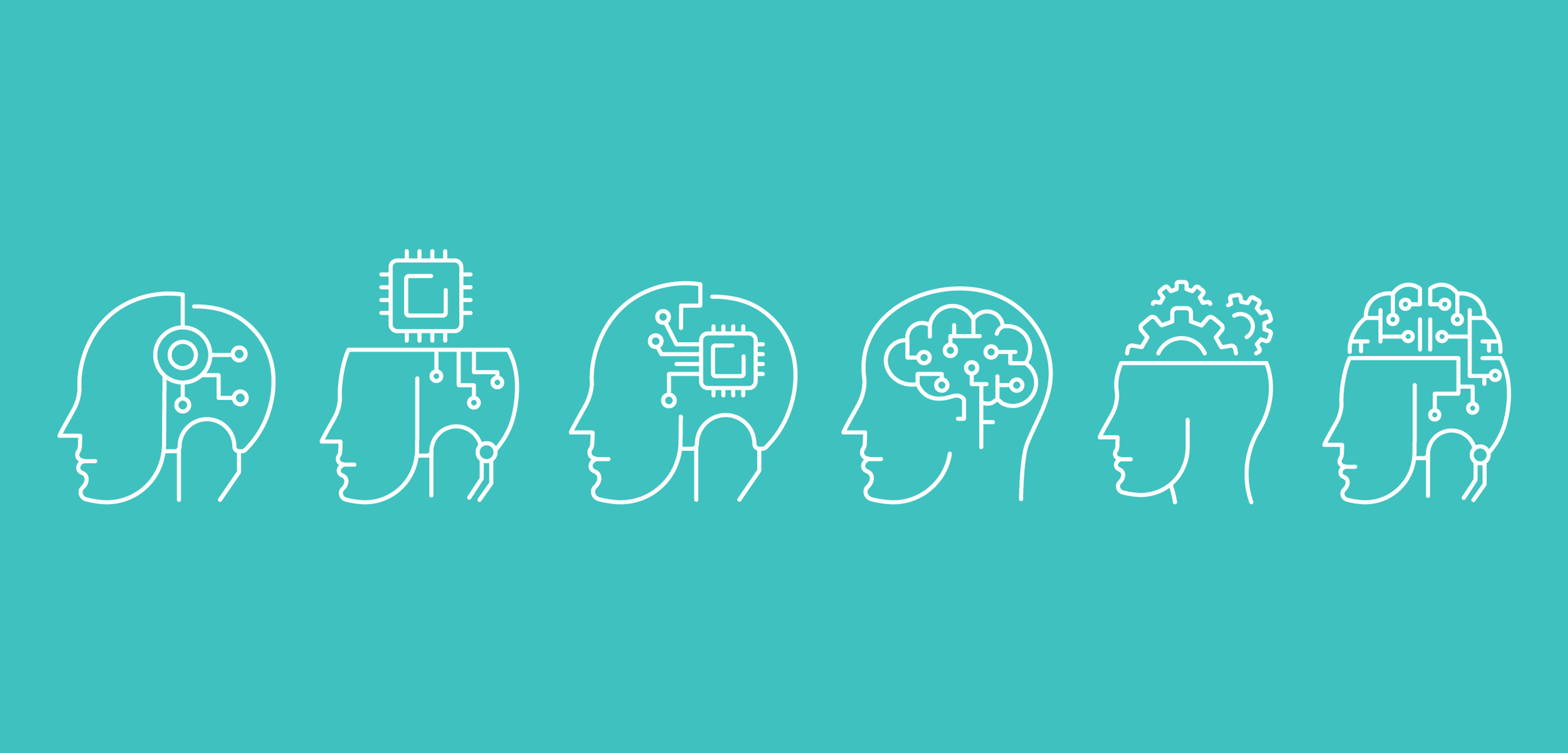 Line art illustrations of human heads in profile, each featuring different technological elements like microchips and circuit patterns, set against a teal background.