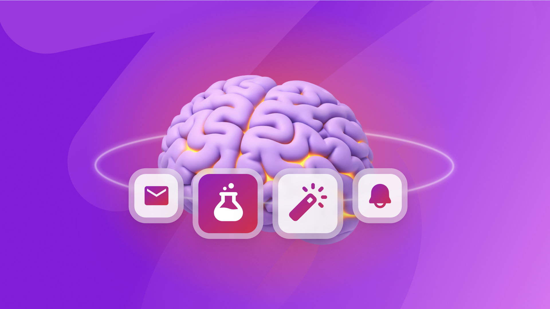 3D brain with a glowing core surrounded by icons for mail, science, magic, and notifications.