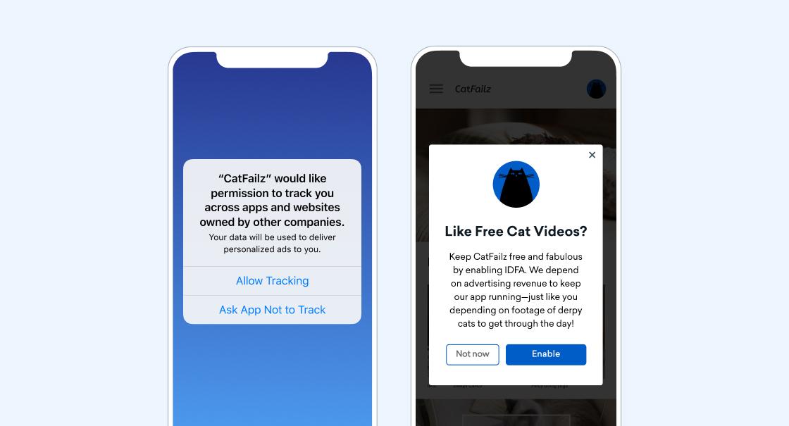 Two smartphone screens displaying app permission requests. The left screen asks for permission to track user data, while the right screen offers free cat videos in exchange for enabling tracking.