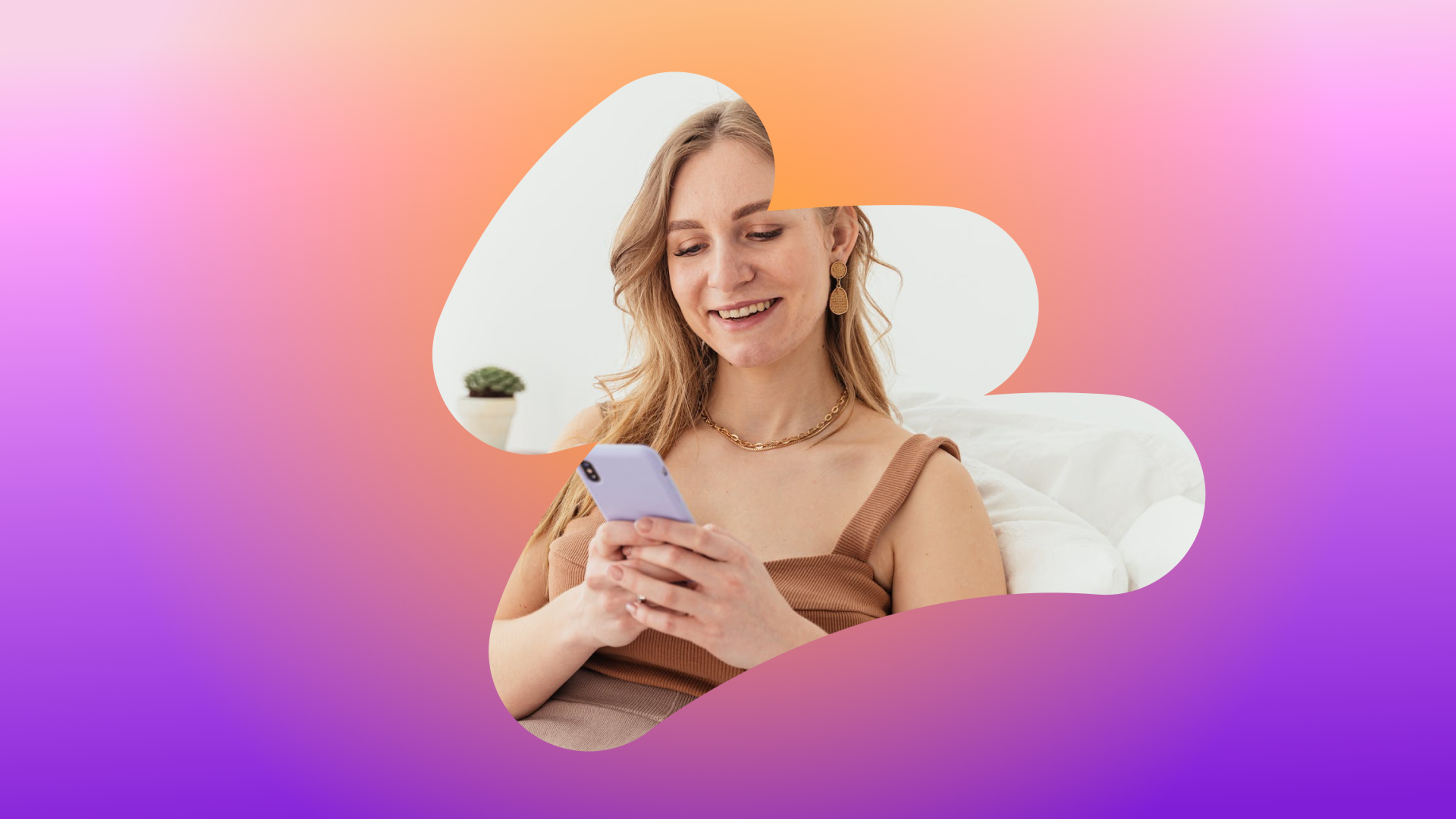 Smiling woman using a smartphone, framed by an abstract cutout on a pink, orange, and purple gradient background.