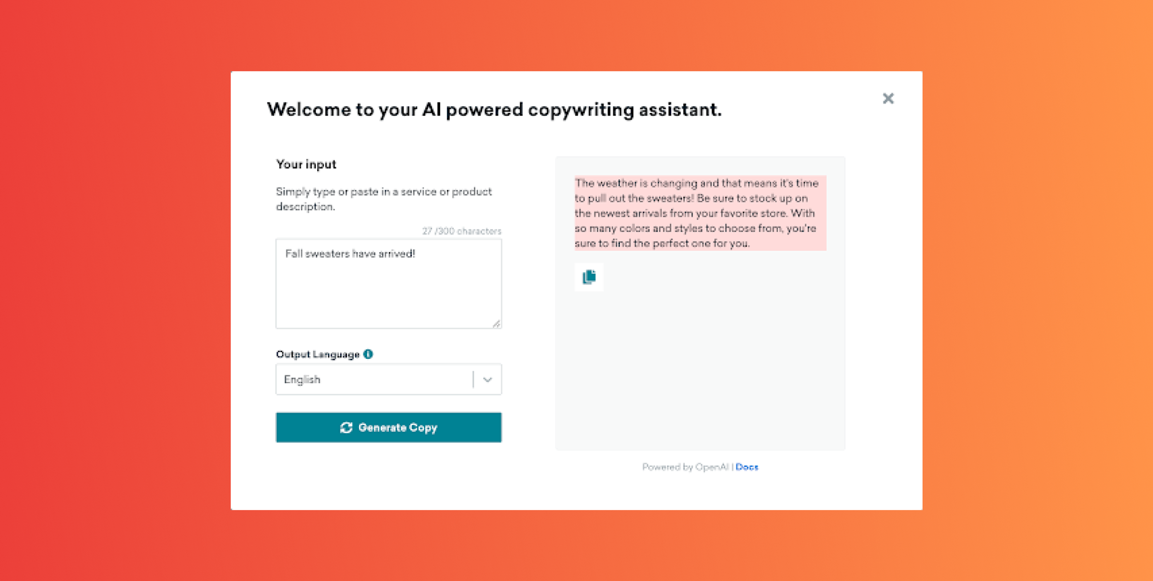 A user interface for an AI-powered copywriting assistant, featuring a text input area and a colorful gradient background. The text prompts users to enter a service or product description.