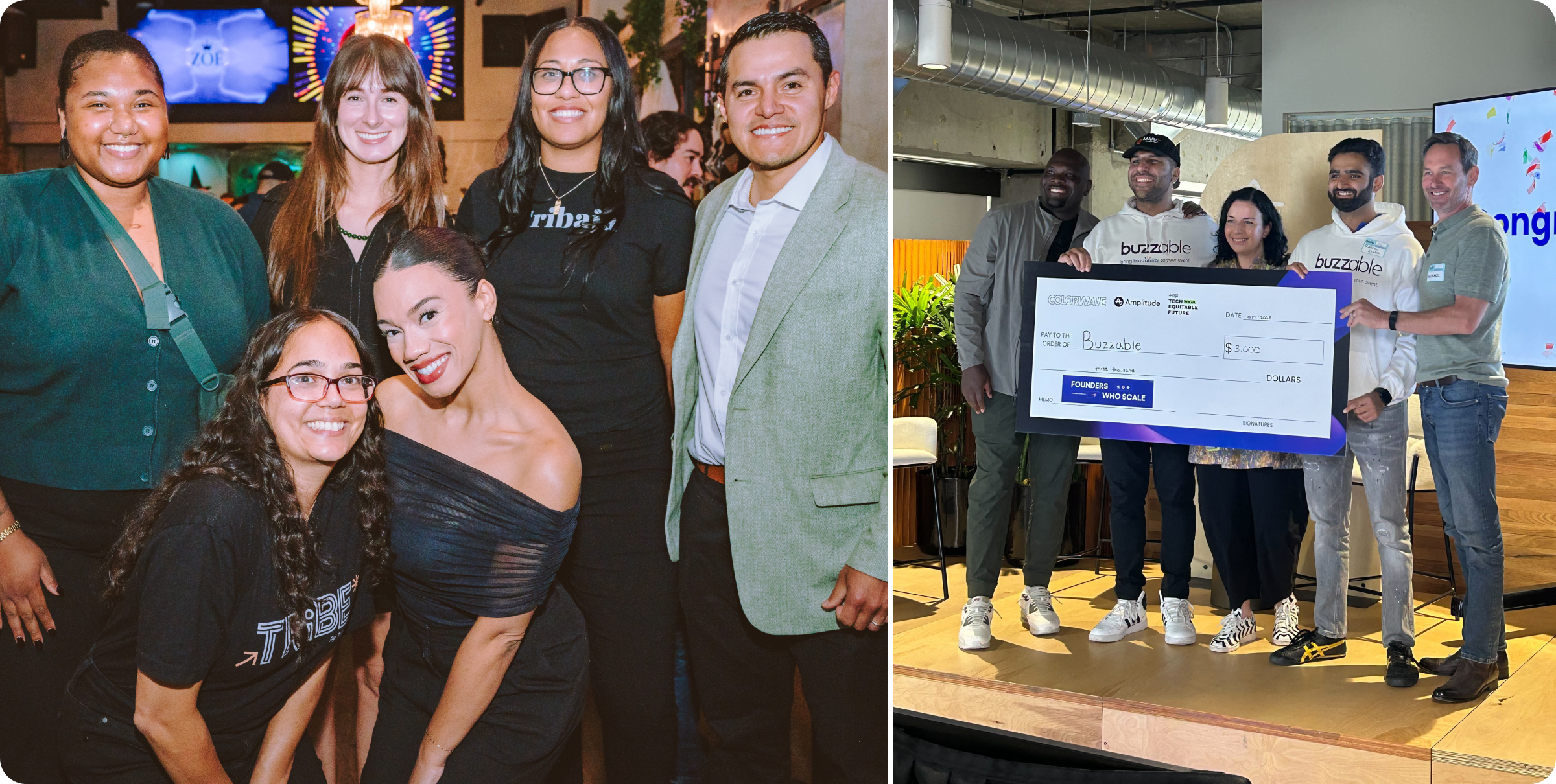 Two side-by-side photos show diverse startup founders and team members smiling at events, including one group posing with an oversized prize check for their company, Buzzable.
