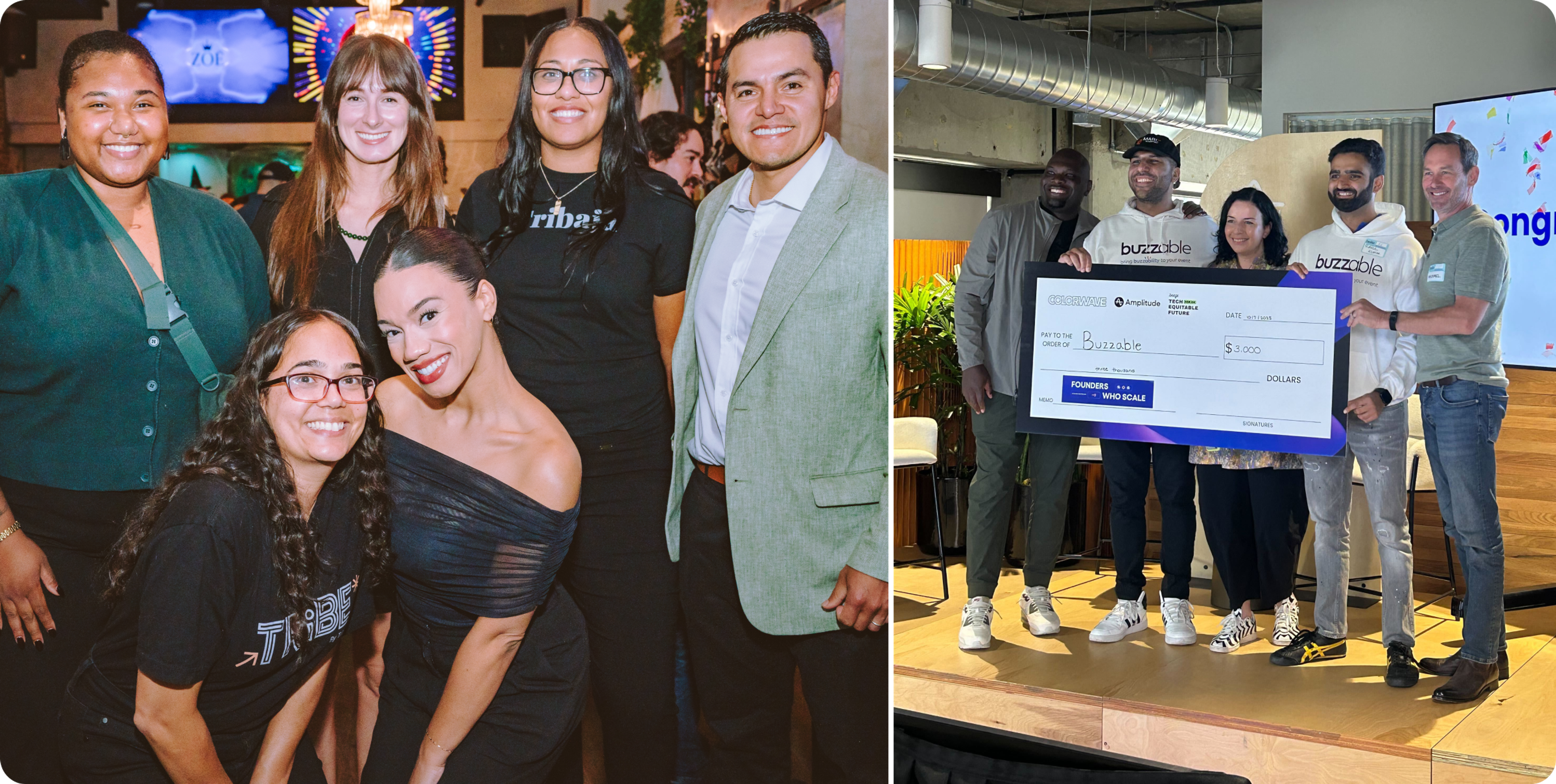 Two side-by-side photos show diverse startup founders and team members smiling at events, including one group posing with an oversized prize check for their company, Buzzable.
