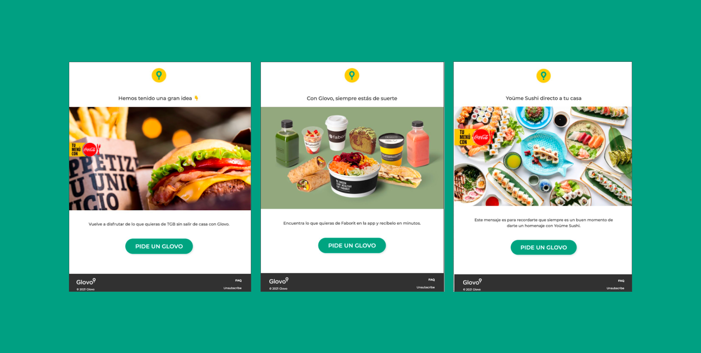 Three promotional email designs featuring food items: a burger with fries, various drinks and snacks, and a sushi platter. Each design includes a call-to-action button to order through Glovo.