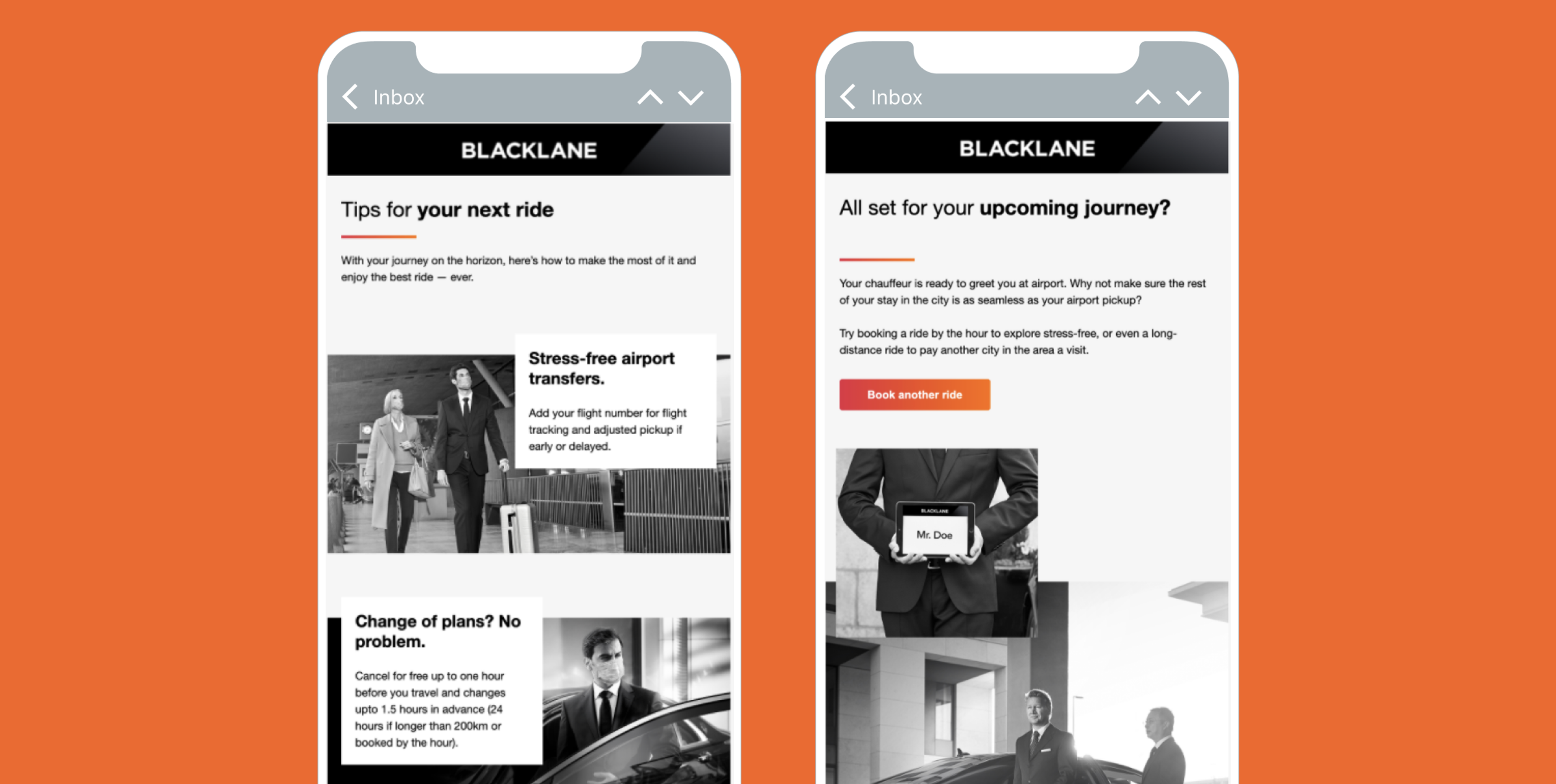 Two smartphone screens displaying an email from BLACKLANE. The left screen features tips for a ride, while the right screen highlights readiness for an upcoming journey with a call to action to book another ride.
