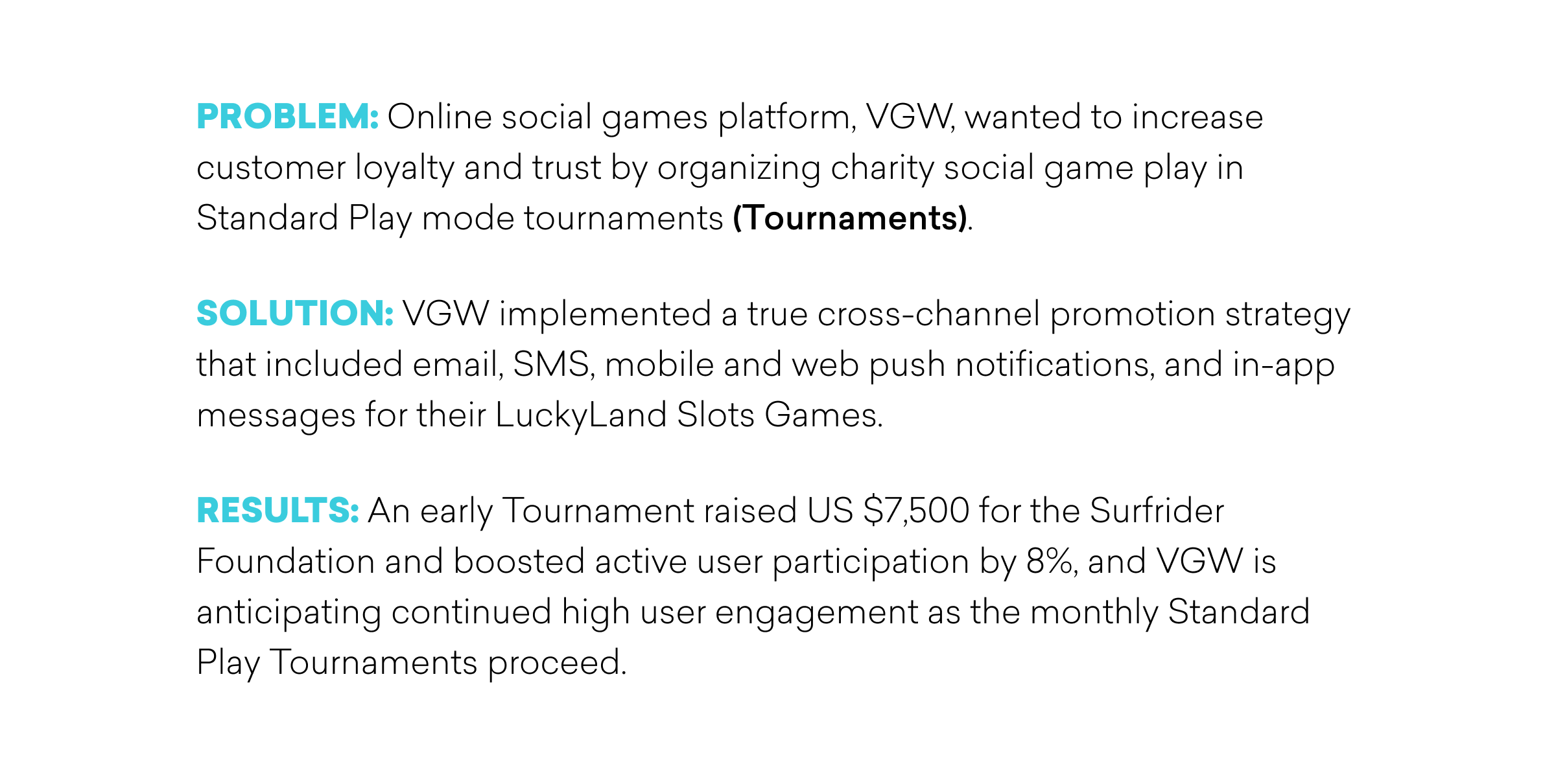 Text describing a problem and solution related to online social games, highlighting a promotional strategy and its results, including increased participation and funding for a foundation.