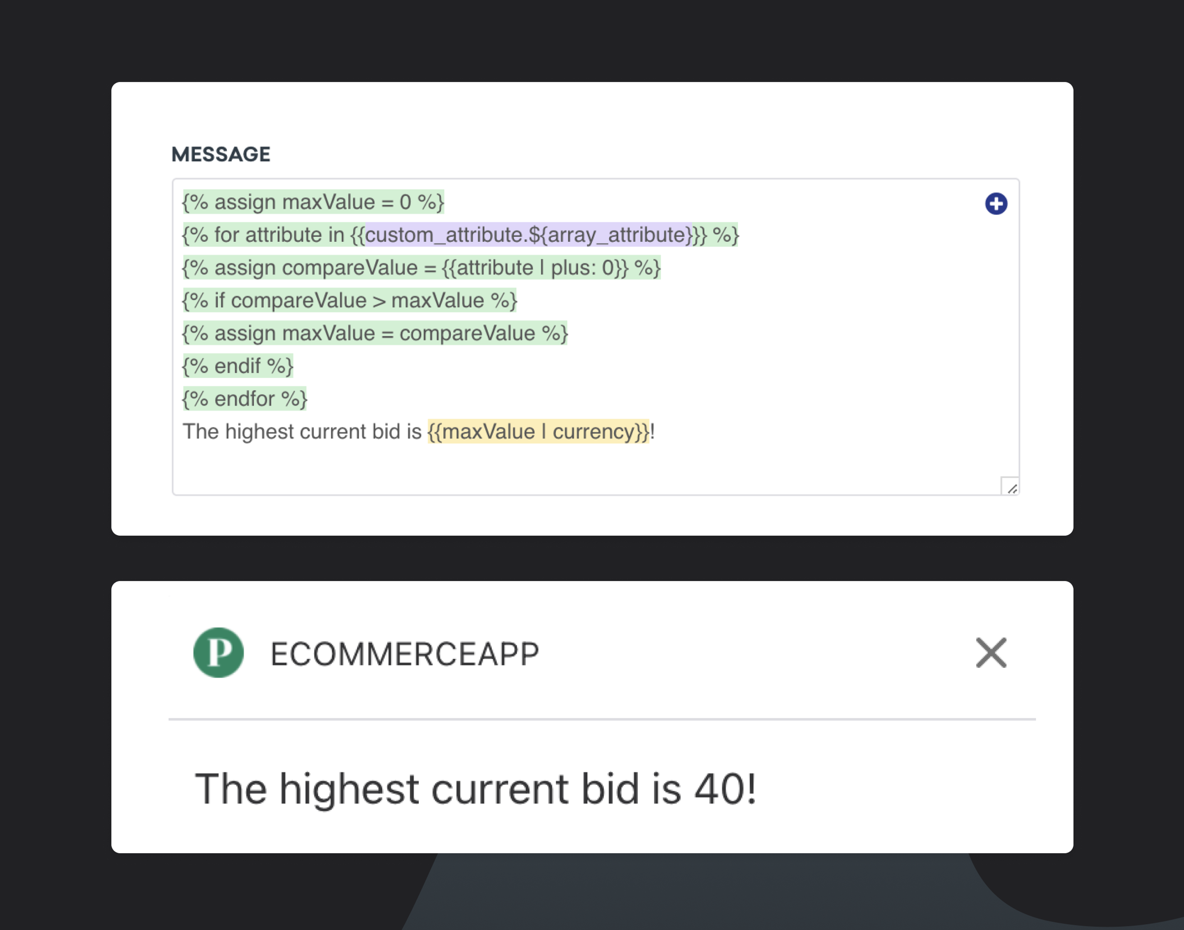A code snippet showing a message about the highest current bid being 40. The code includes conditional statements and variable assignments.