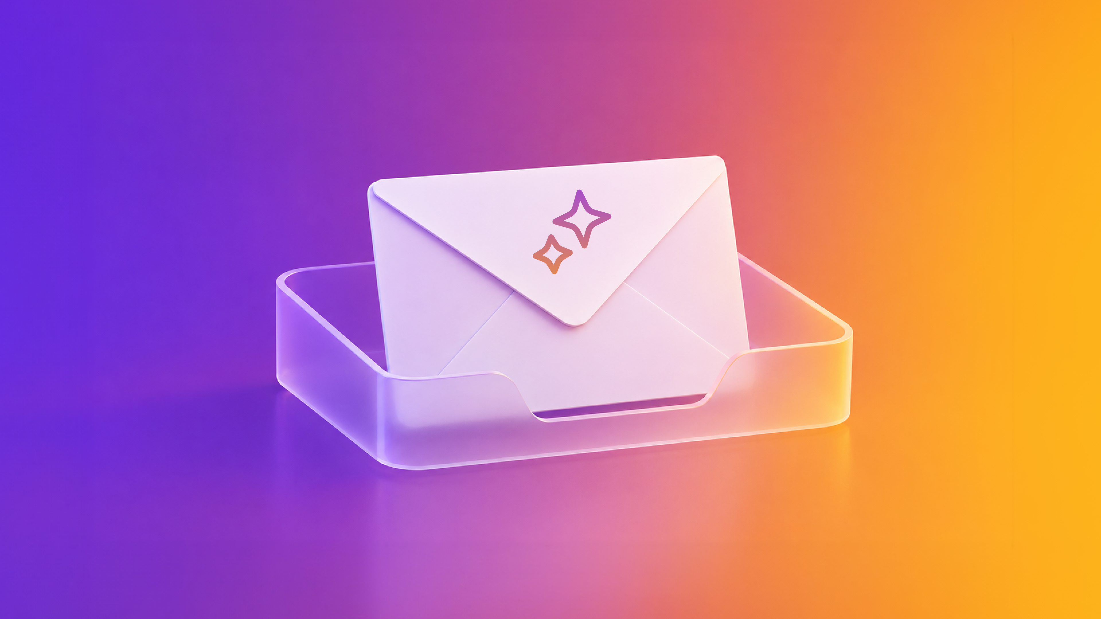 White envelope with sparkle icons in a translucent inbox tray against a purple-to-orange gradient background.