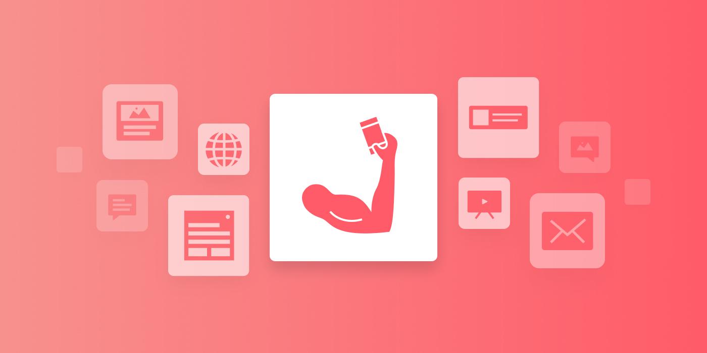 Stylized red arm holding a smartphone, surrounded by digital media icons.