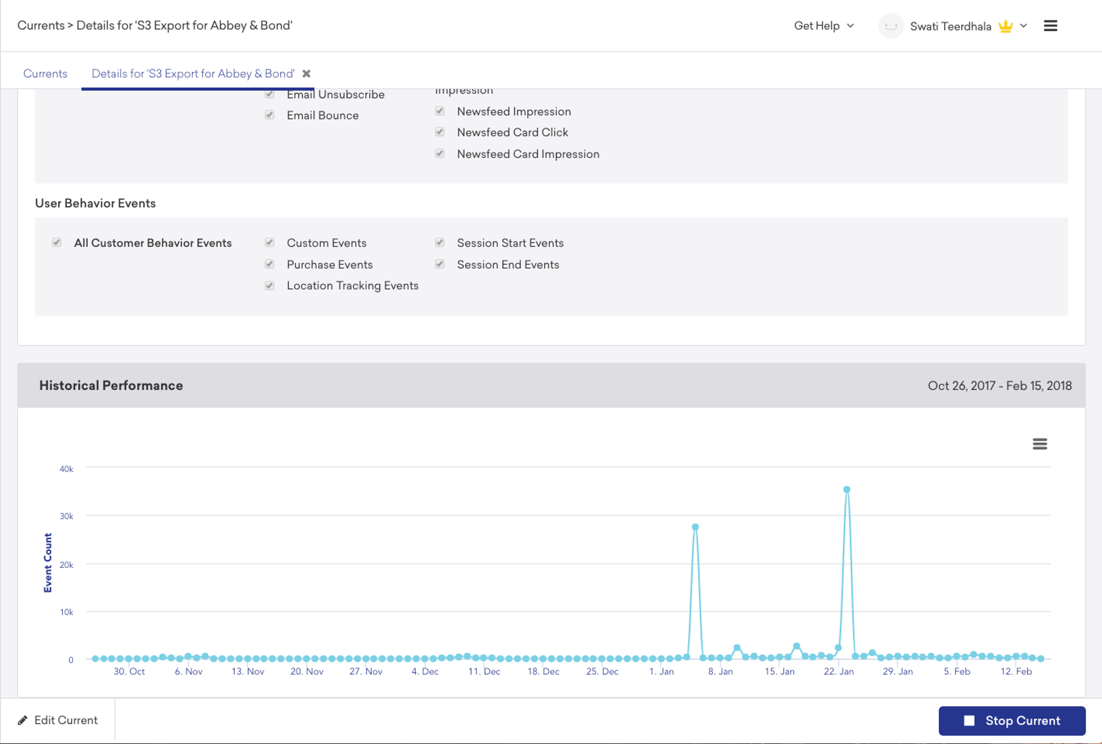 A line graph displaying user behavior events over time, with peaks indicating increased activity. The date range is from October 26, 2017, to February 5, 2018.