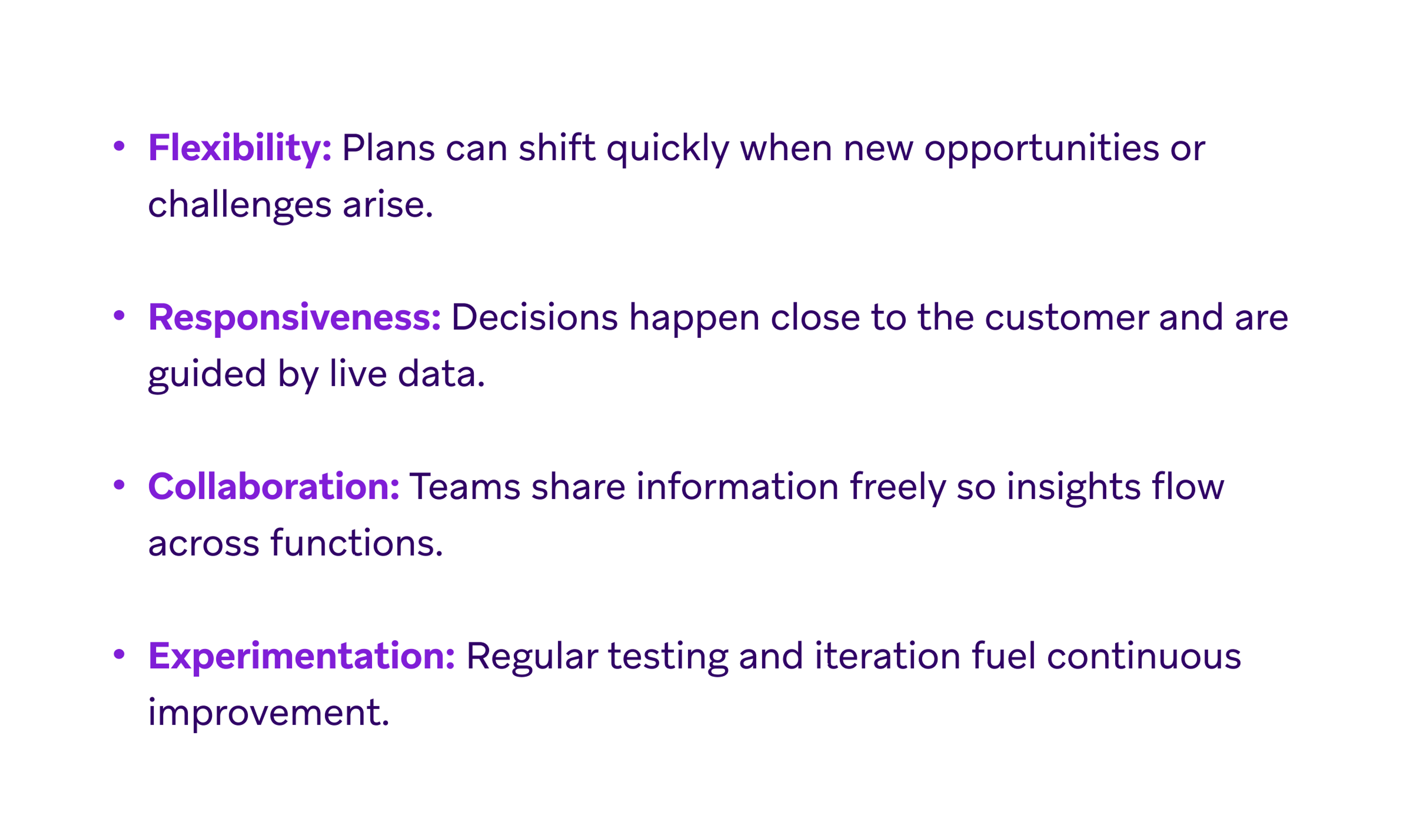 Text listing definitions for Flexibility, Responsiveness, Collaboration, and Experimentation.