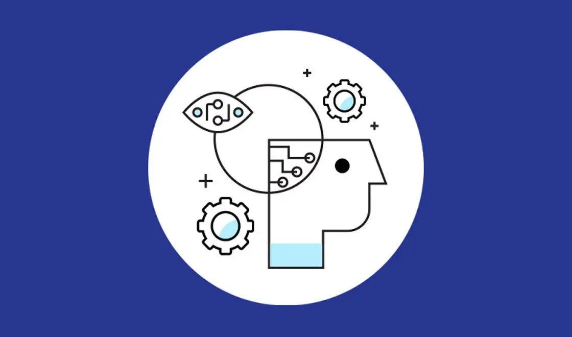 Ilustração linear de uma cabeça humana de perfil com elementos de placa de circuito, engrenagens e líquido, representando inteligência artificial ou aprendizado de máquina.